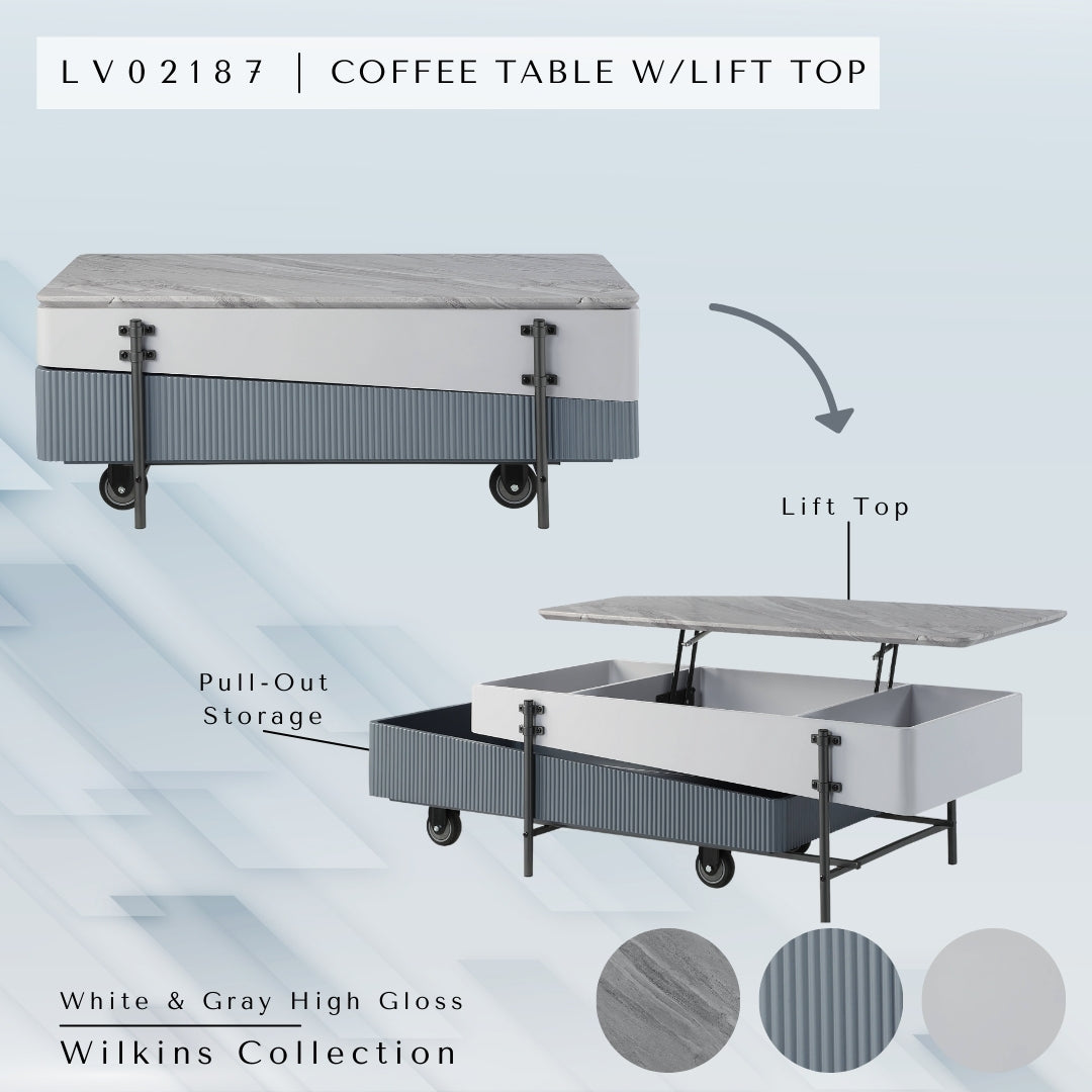 Wilkins Coffee Table W Lift Top, White & Gray High Gloss Finish White Gray Wood Metal