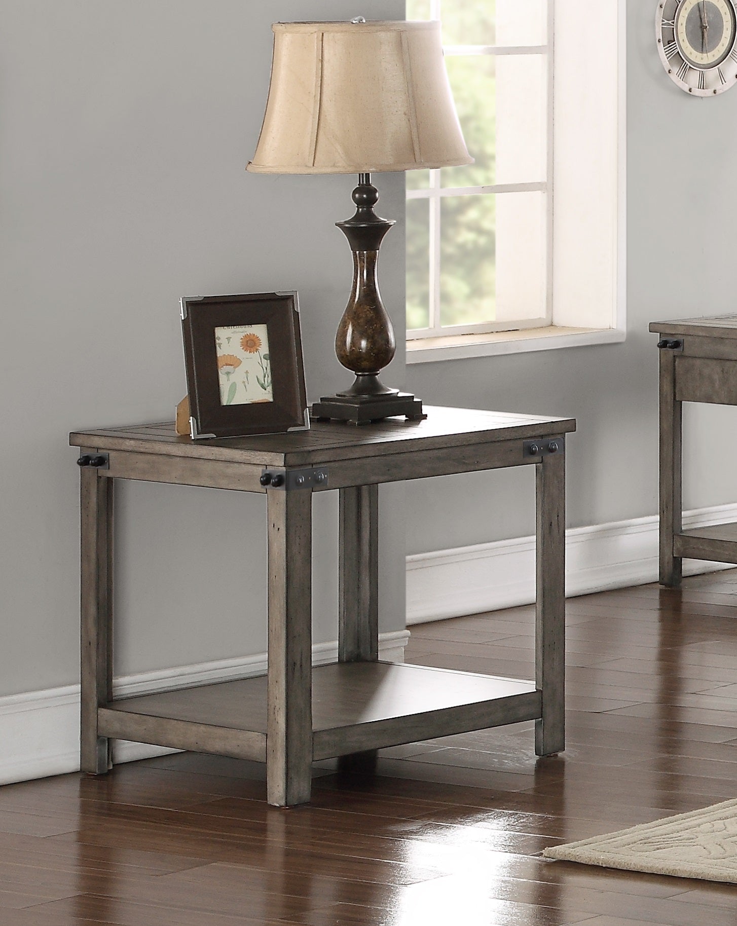 Storehouse End Table, No Assembly Required, Smoked Grey Finish Greige Gray Primary Living Space Farmhouse,Industrial,Rustic Freestanding Square Shelves Coffee & End Tables Square Wood