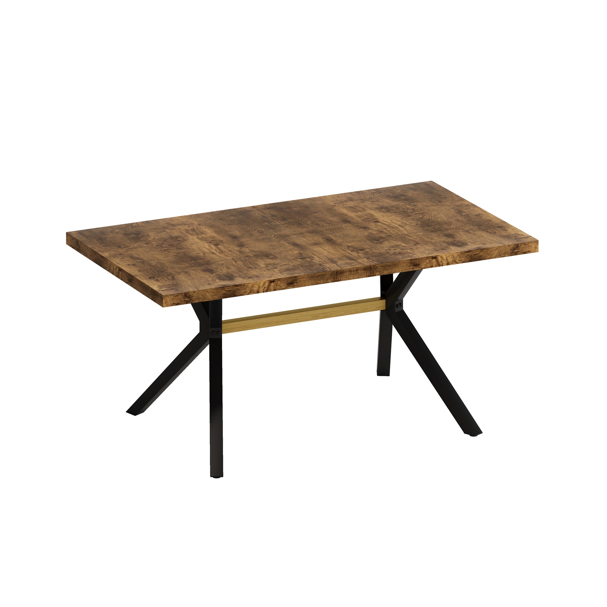 62.99" 78.74" Vintage Rectangular Stretch Dining Table With Antique Wooden Tabletop And Black Embossed Centerboard, Walnut Colored Crossbars, Black Fine Sanded Iron Leg Base Stretch Dining Table Brown Seats 6 Rectangular Mdf Metal