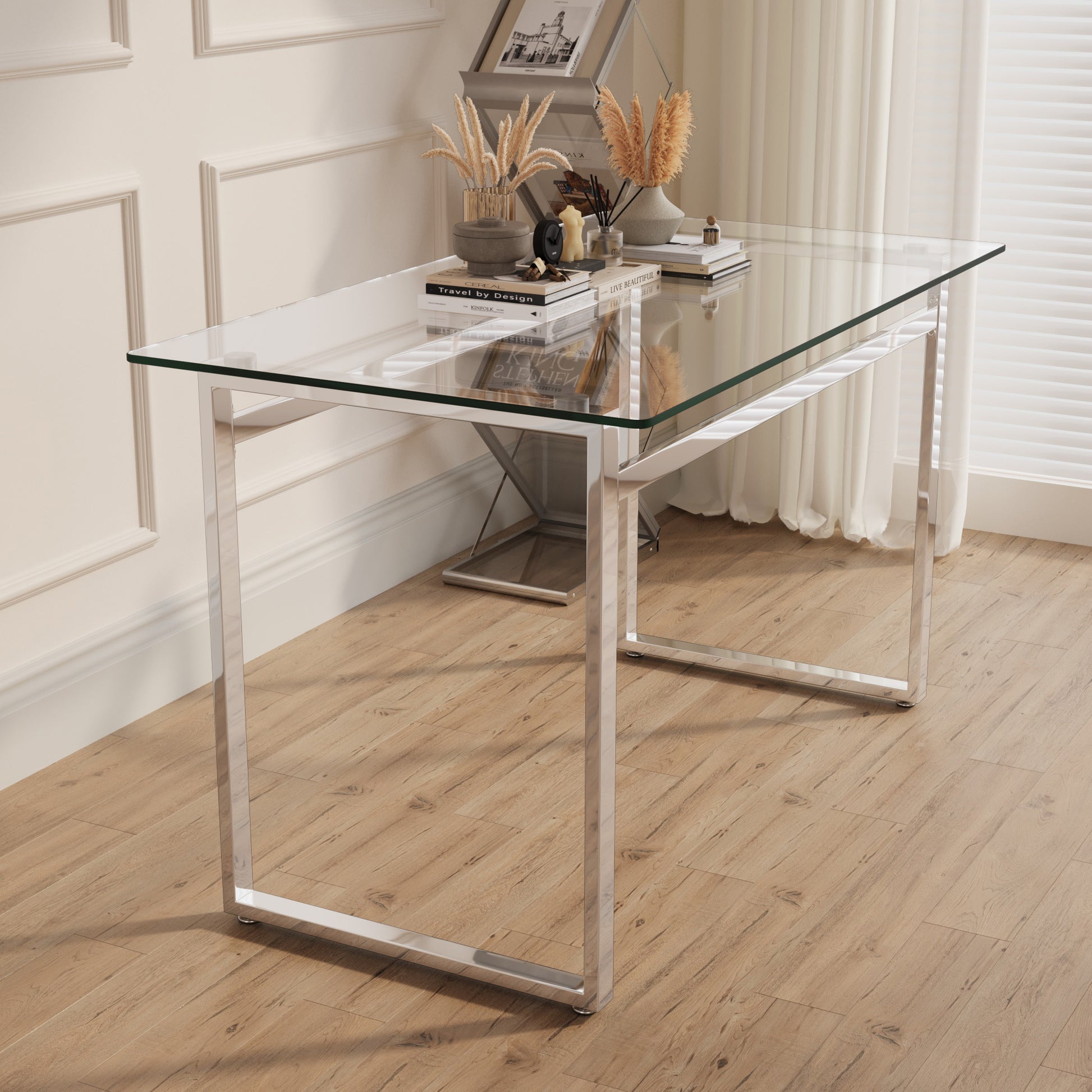 51" Modern Minimalist Rectangular Glass Dining Table For 4 6 With 0.31" Tempered Glass Tabletop And Silver Chrome Metal Legs, Writing Table Desk, For Kitchen Dining Living Room 0 Damage Transparent