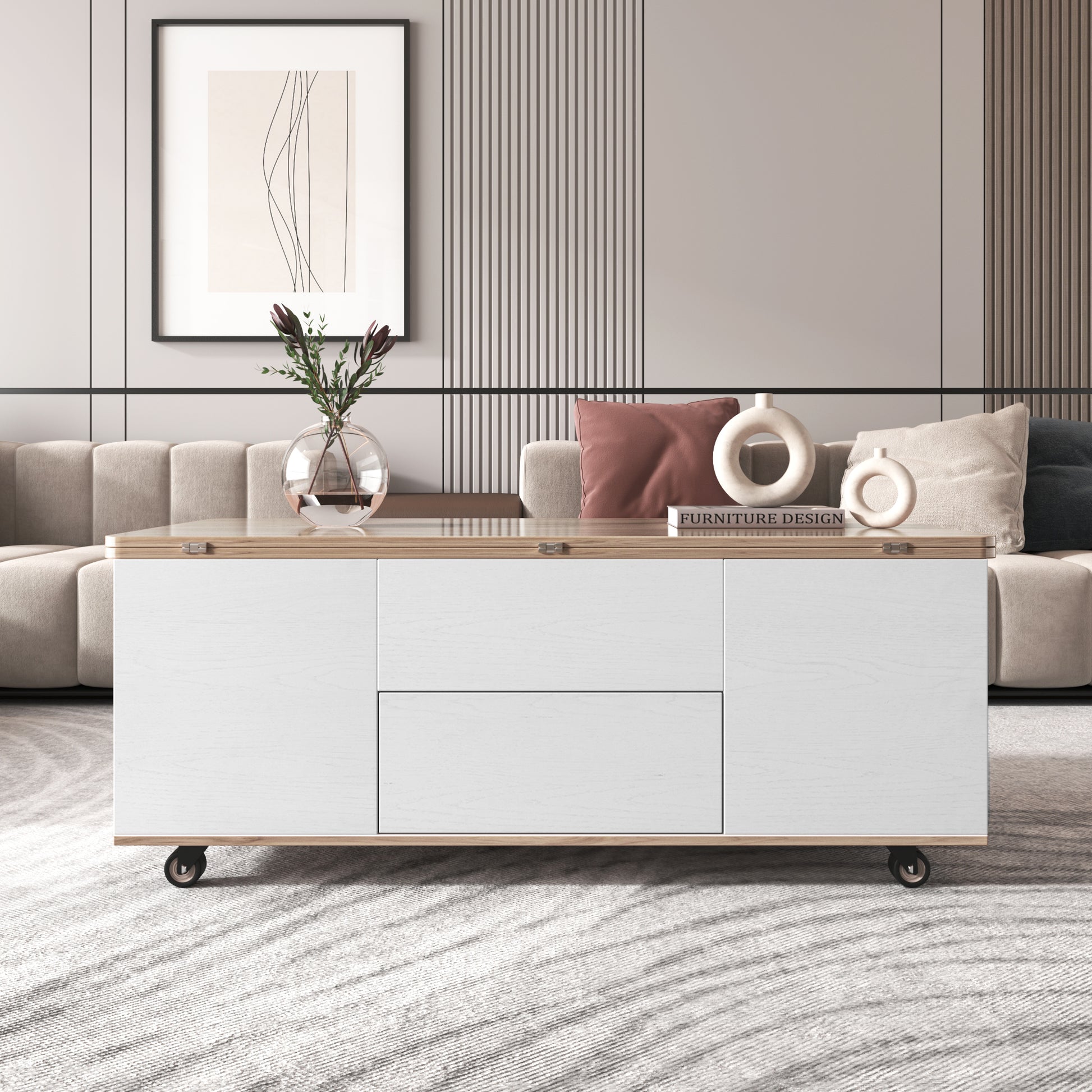 Modern Walnut & White Lift Top Coffee Table Multifunctional Table With Drawers & Shelves White Walnut Mdf