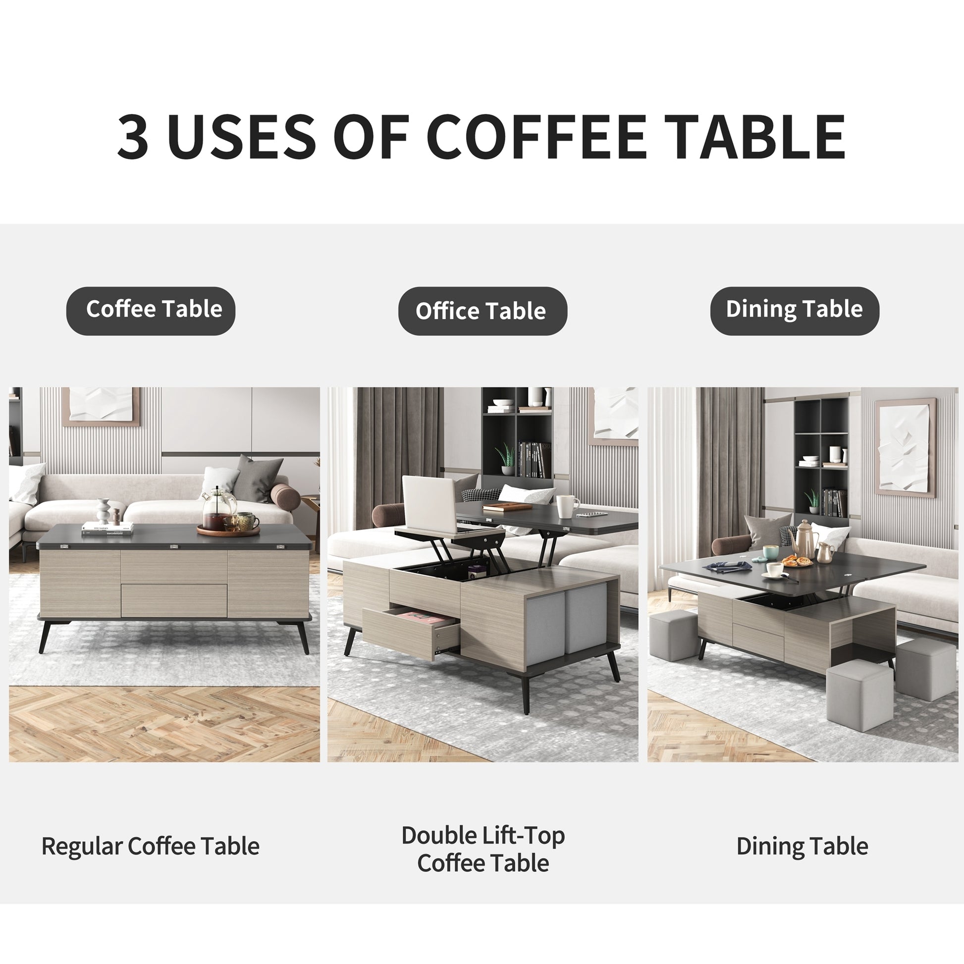 5 Pieces Lift Top Coffee Table Set With Storage Convertible Dining Table With Ottomans Dark Gray Fabric Mdf