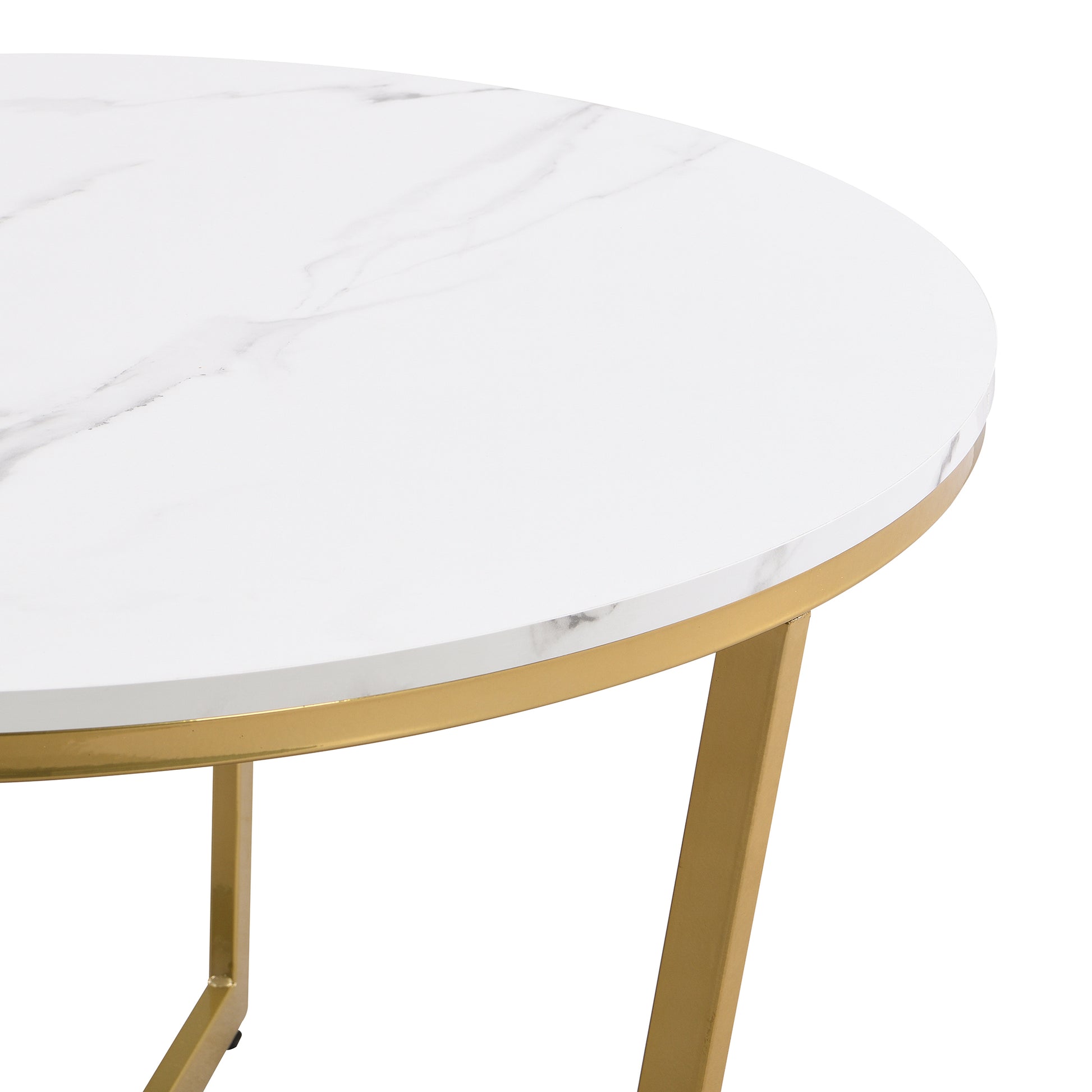 Modern Round Nesting Coffee Table Set 2 Piece White & Marbling Top Gold Base White Mdf