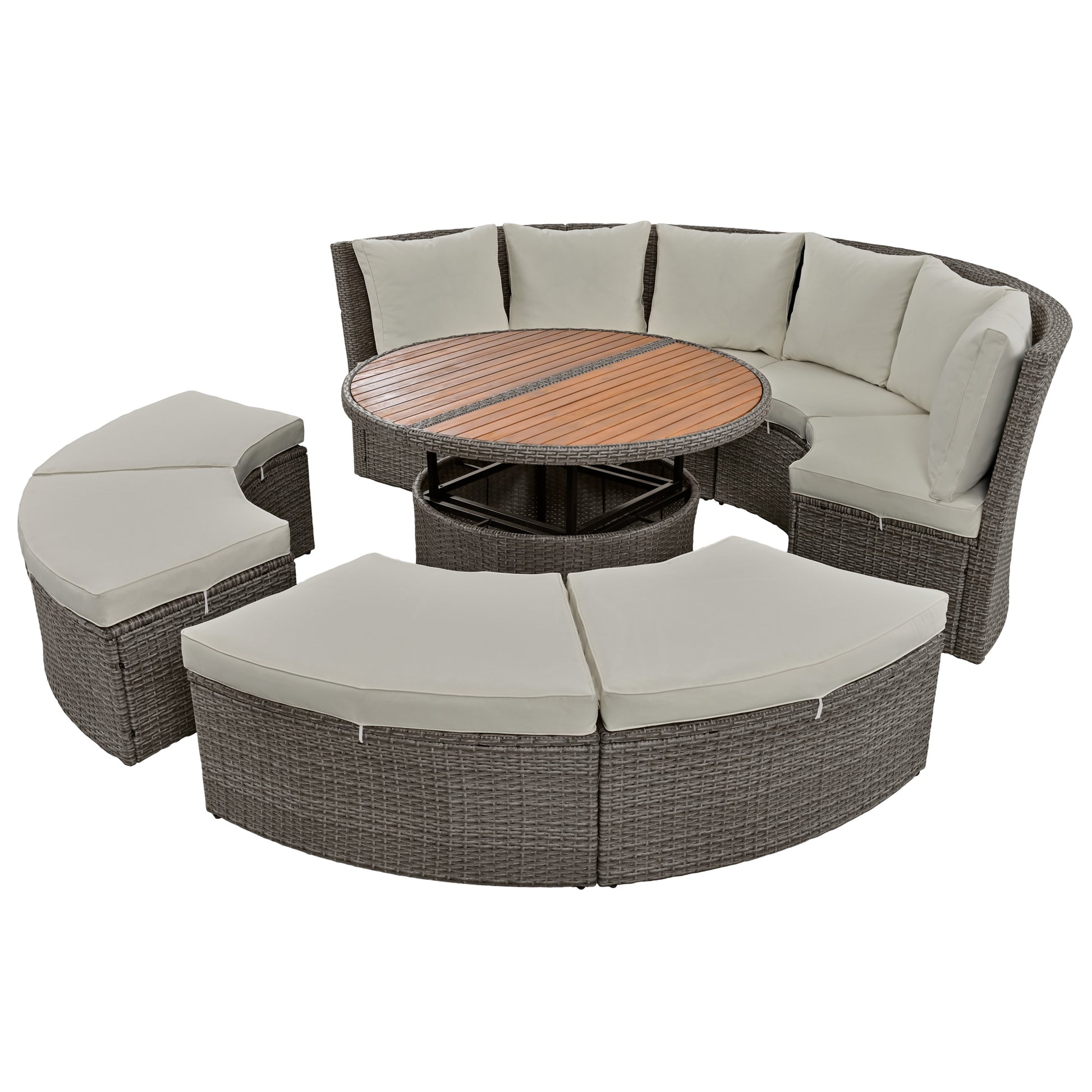 Patio 5 Piece Round Rattan Sectional Sofa Set All Weather Pe Wicker Sunbed Daybed With Round Liftable Table And Washable Cushions For Outdoor Backyard Poolside, Gray Yes Deep Seating Gray Water Resistant Frame Water Resistant Cushion Garden & Outdoor