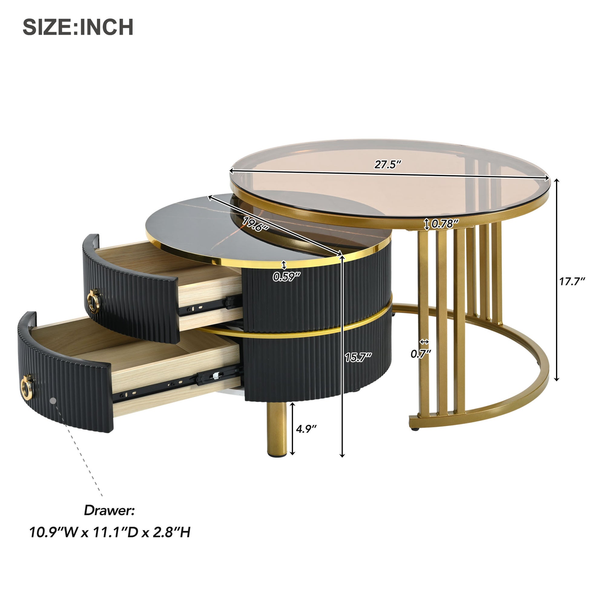 27.5'' & 19.6'' Stackable Coffee Table With 2 Drawers, Nesting Tables With Brown Tempered Glass And High Gloss Marble Tabletop, Set Of 2, Round Center Table For Living Room, Black Golden Black Primary Living Space Drawers Round Mdf Iron