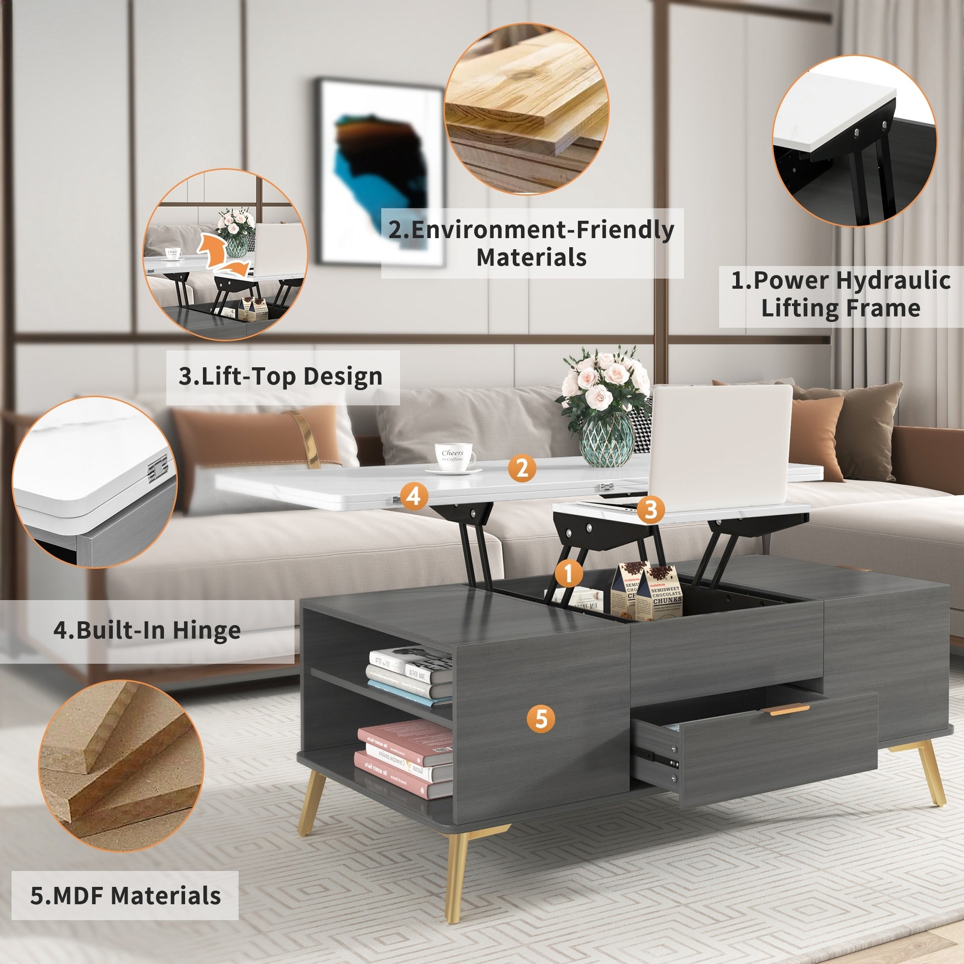 Modern Lift Top Coffee Table Multi Functional Table white+gray-mdf+steel