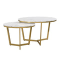 Modern Round Nesting Coffee Table Set 2 Piece White & Marbling Top Gold Base White Mdf