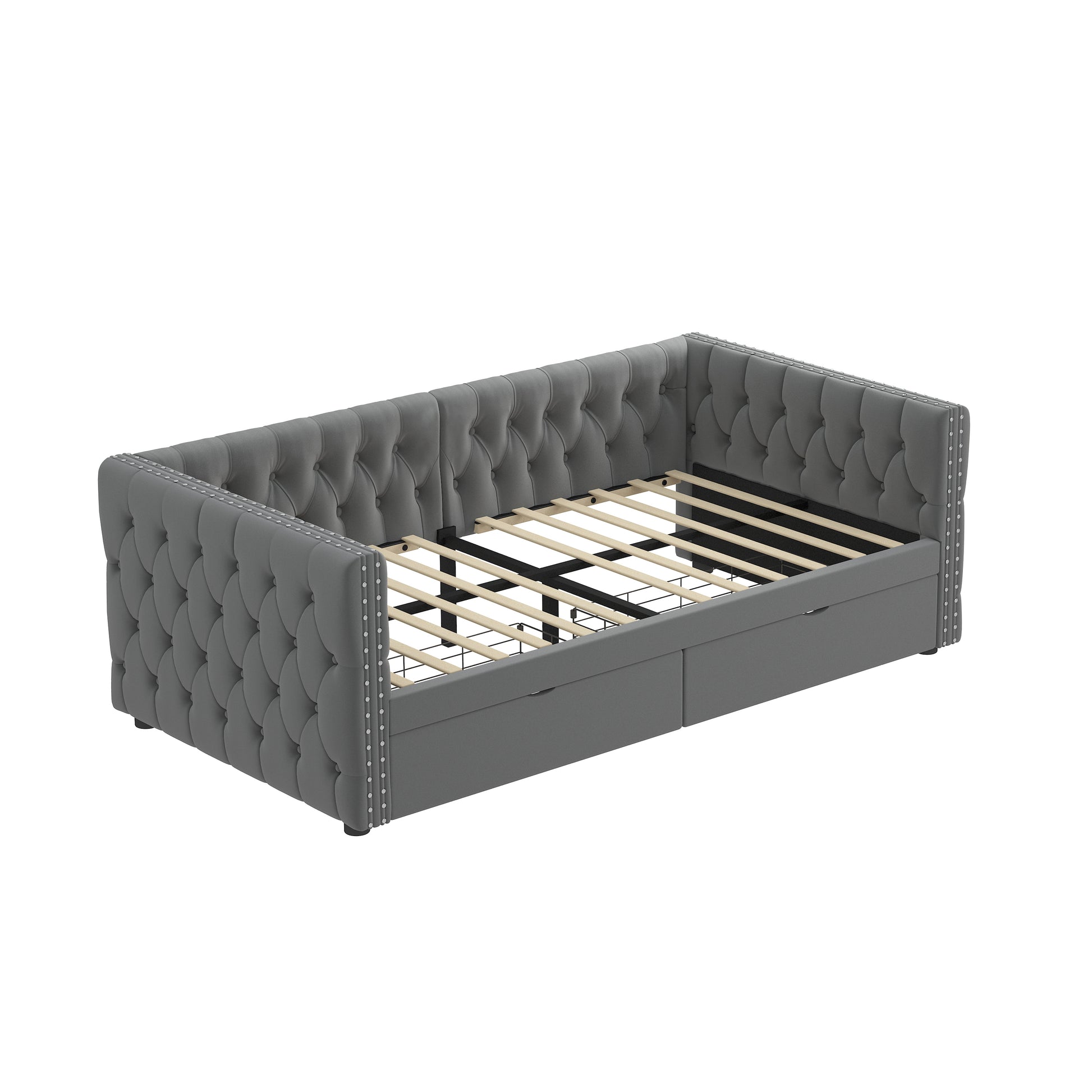 Twin Size Daybed With Drawers Upholstered Tufted Sofa Bed, With Button On Back And Copper Nail On Waved Shape Arms, Velvet 79.5"X41.5"X26.5" Twin Grey Velvet