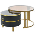 27.5'' & 19.6'' Stackable Coffee Table With 2 Drawers, Nesting Tables With Brown Tempered Glass And High Gloss Marble Tabletop, Set Of 2, Round Center Table For Living Room, Black Golden Black Primary Living Space Drawers Round Mdf Iron