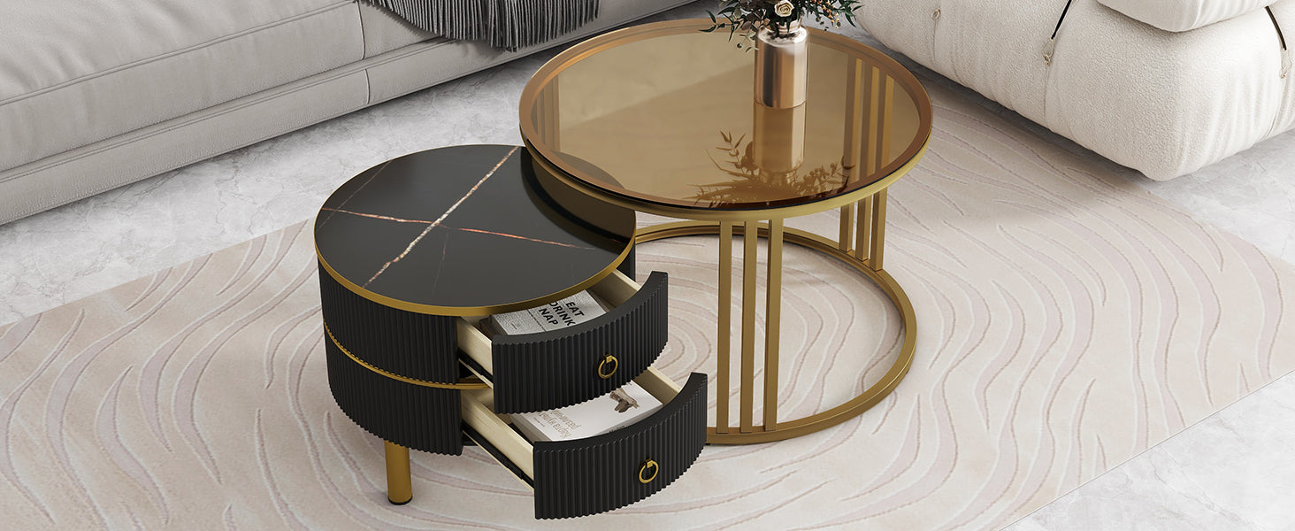 27.5'' & 19.6'' Stackable Coffee Table With 2 Drawers, Nesting Tables With Brown Tempered Glass And High Gloss Marble Tabletop, Set Of 2, Round Center Table For Living Room, Black Golden Black Primary Living Space Drawers Round Mdf Iron