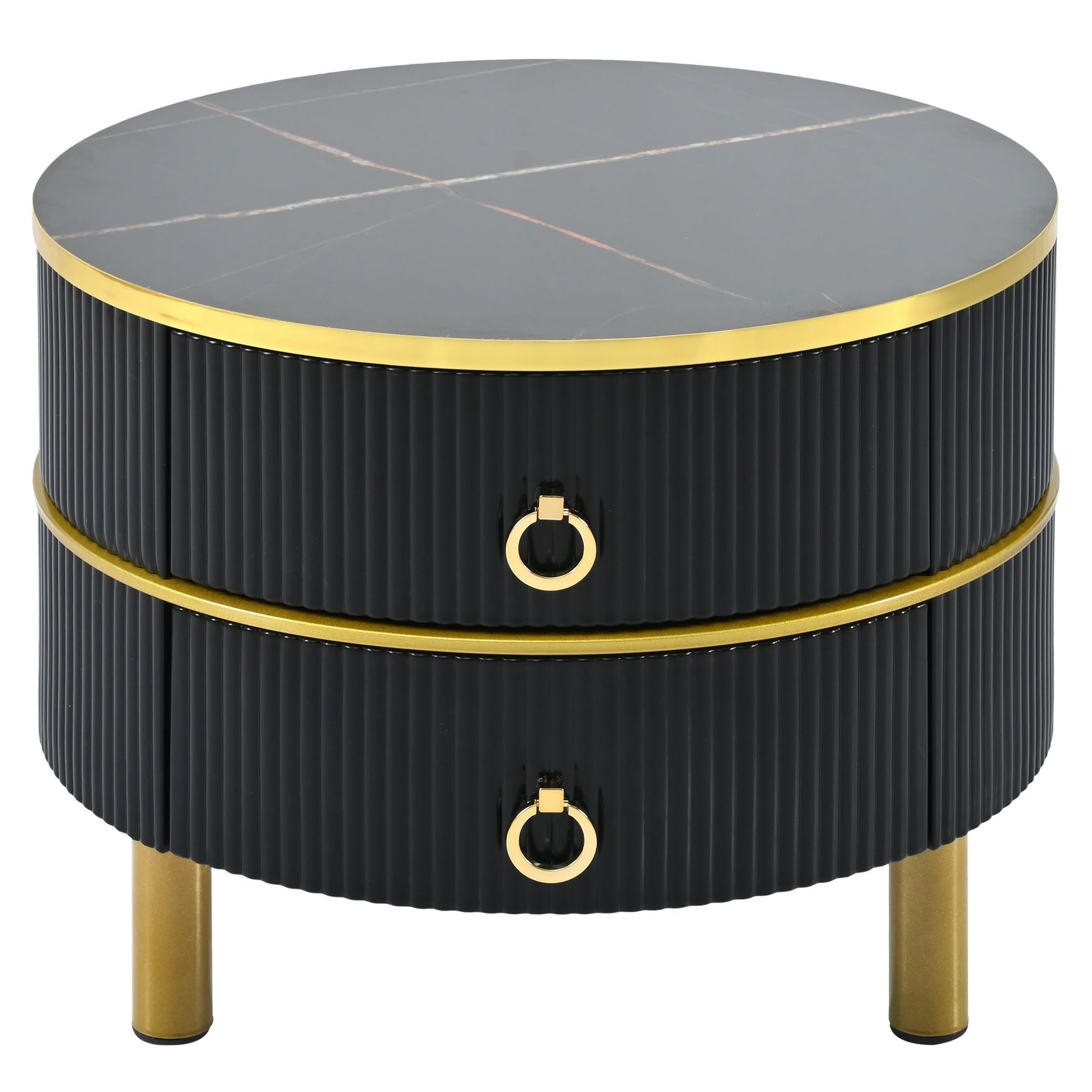 27.5'' & 19.6'' Stackable Coffee Table With 2 Drawers, Nesting Tables With Brown Tempered Glass And High Gloss Marble Tabletop, Set Of 2, Round Center Table For Living Room, Black Golden Black Primary Living Space Drawers Round Mdf Iron