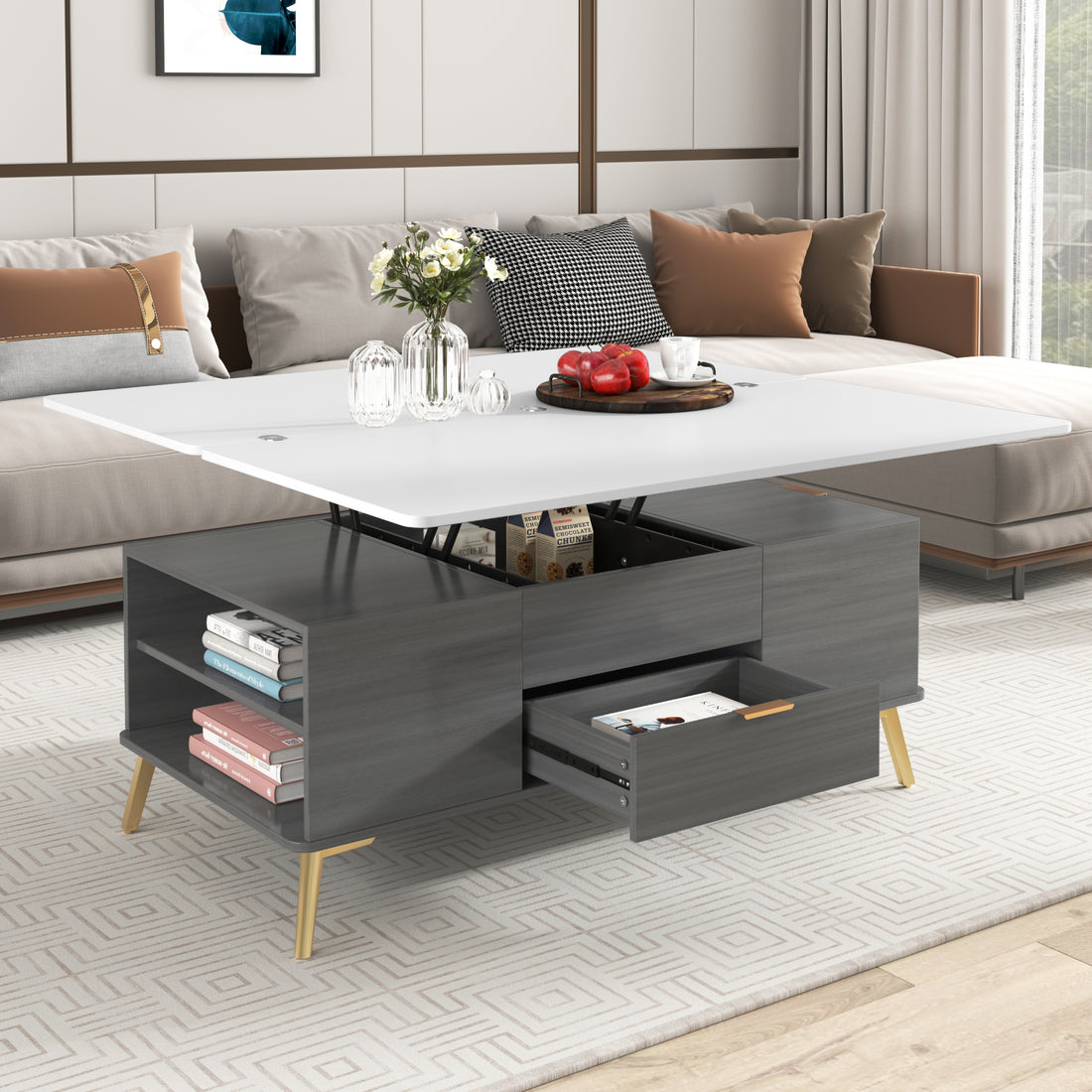 Modern Lift Top Coffee Table Multi Functional Table With Drawers In Gray & White White Gray Mdf Steel