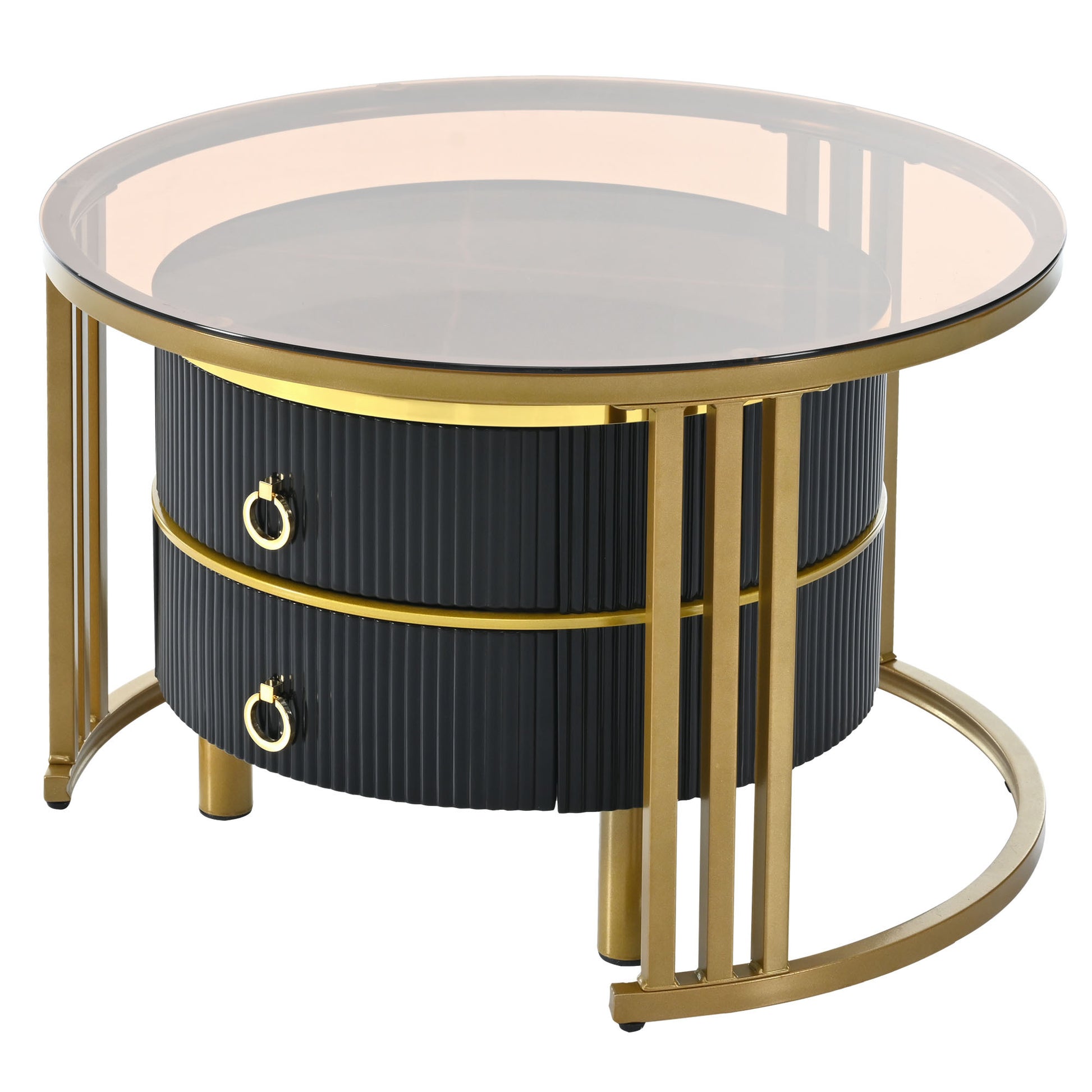 27.5'' & 19.6'' Stackable Coffee Table With 2 Drawers, Nesting Tables With Brown Tempered Glass And High Gloss Marble Tabletop, Set Of 2, Round Center Table For Living Room, Black Golden Black Primary Living Space Drawers Round Mdf Iron