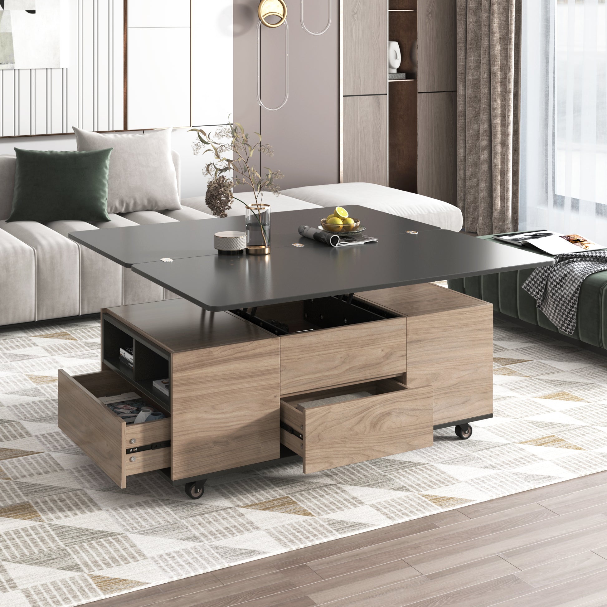 Modern Lift Top Coffee Table Multi Functional Table With 3 Drawers In Walnut & Black Walnut Black Mdf