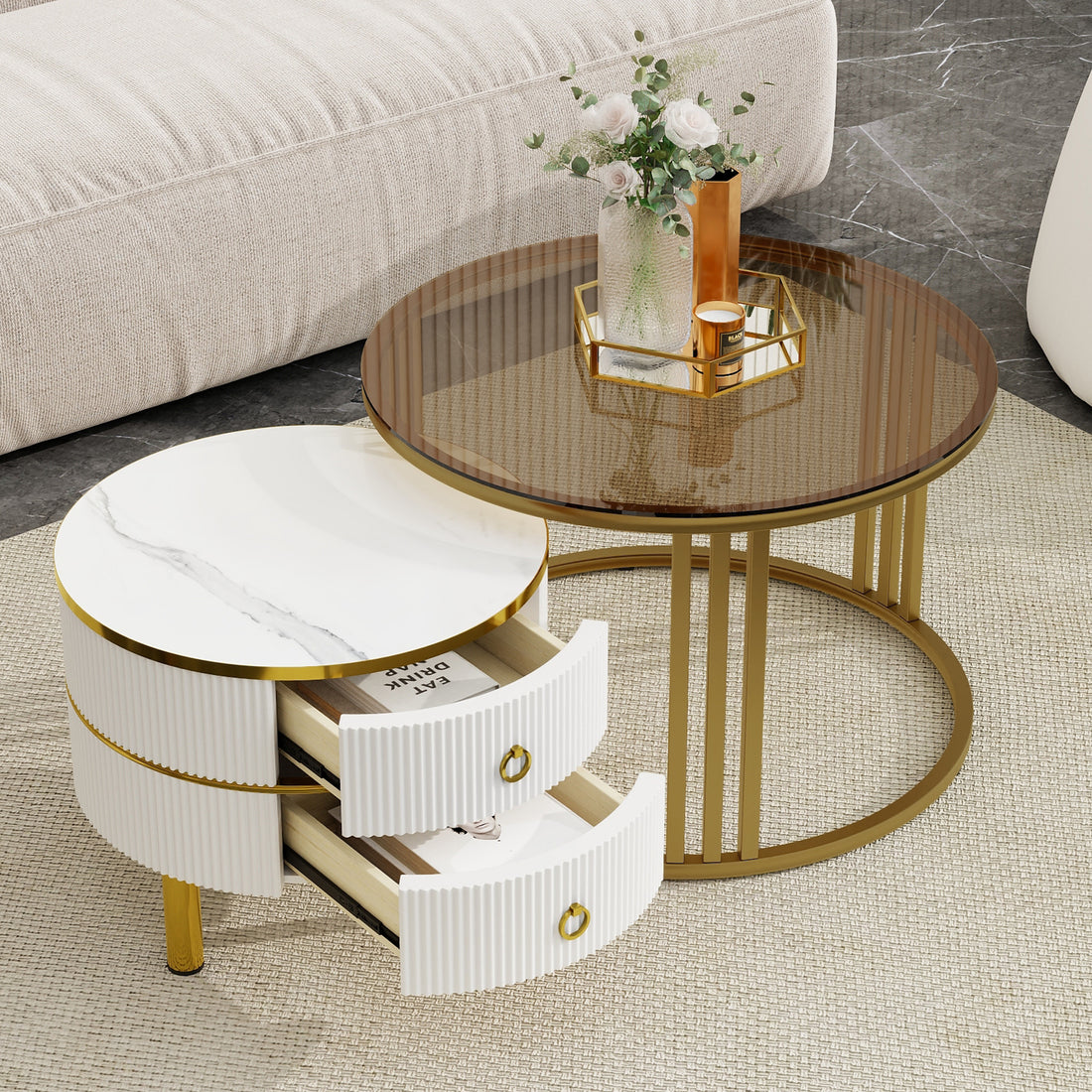 ON TREND 27.5'' & 19.6'' Stackable Coffee Table with 2 golden+white-primary living