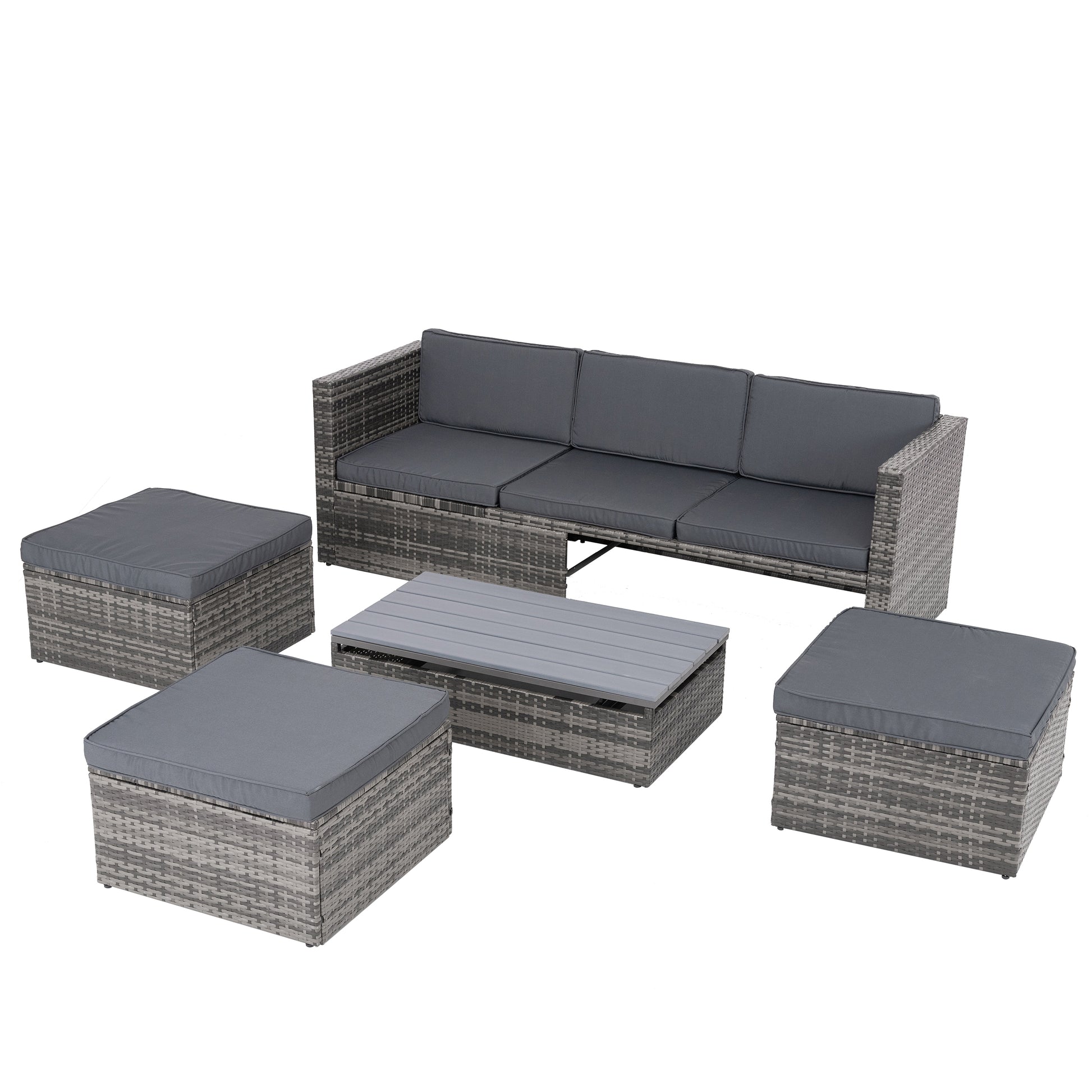 Patio Furniture, Outdoor Furniture, Seasonal Pe Wicker Furniture,5 Set Wicker Furniture With Plywood Coffee Table,With Lift Top Coffee Table,With Lounger Sofa Dark Gray Pe Rattan Iron Waterproof Fabric