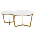 Modern Round Nesting Coffee Table Set 2 Piece White & Marbling Top Gold Base White Mdf