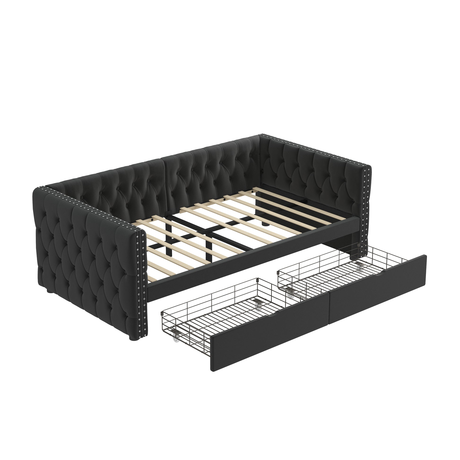 Twin Size Daybed With Drawers Upholstered Tufted Sofa Bed, With Button On Back And Copper Nail On Waved Shape Arms, Velvet 79.5"X41.5"X26.5" Twin Black Velvet