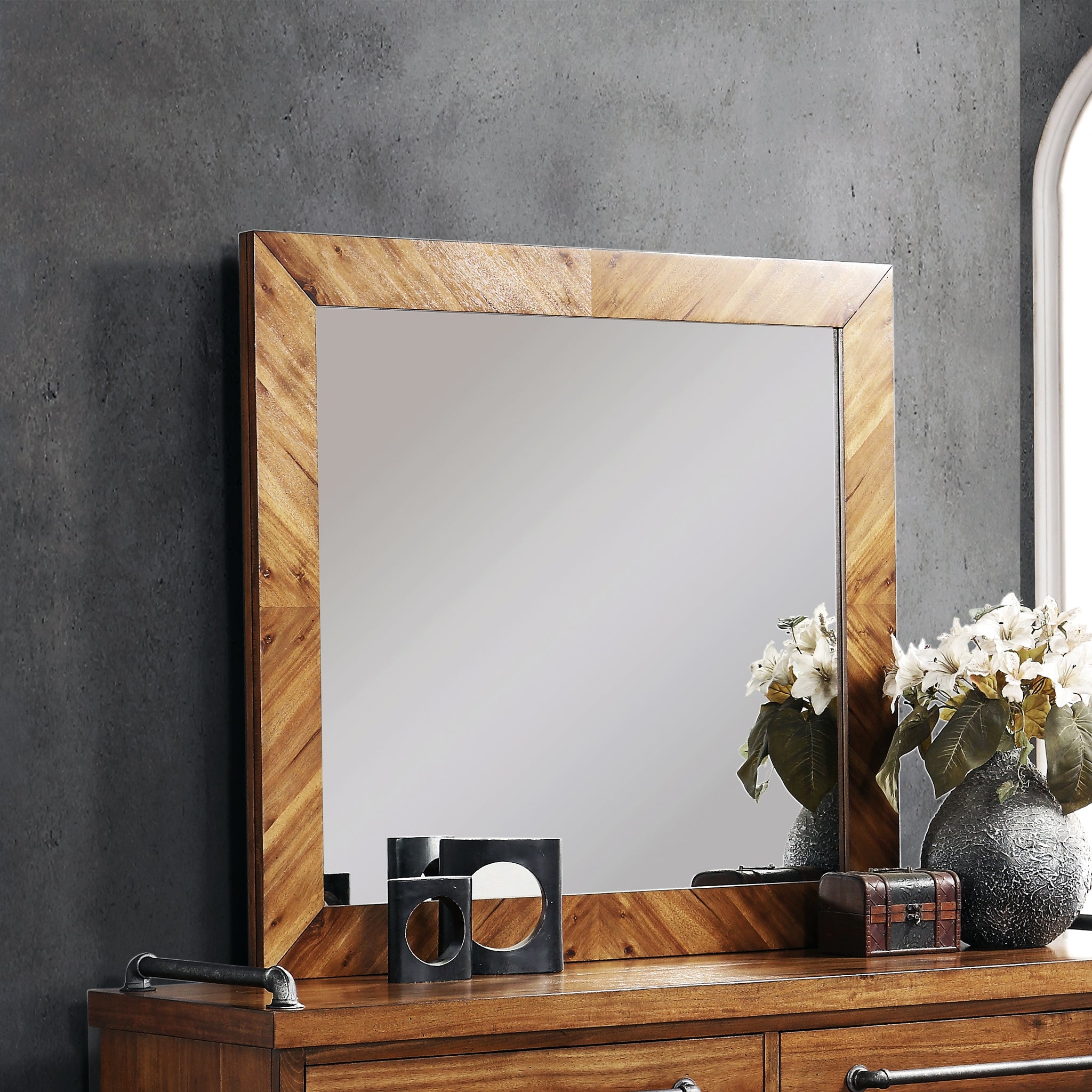 Steampunk Mirror, No Assembly Required, Chestnut Finish Brown Modern Wood