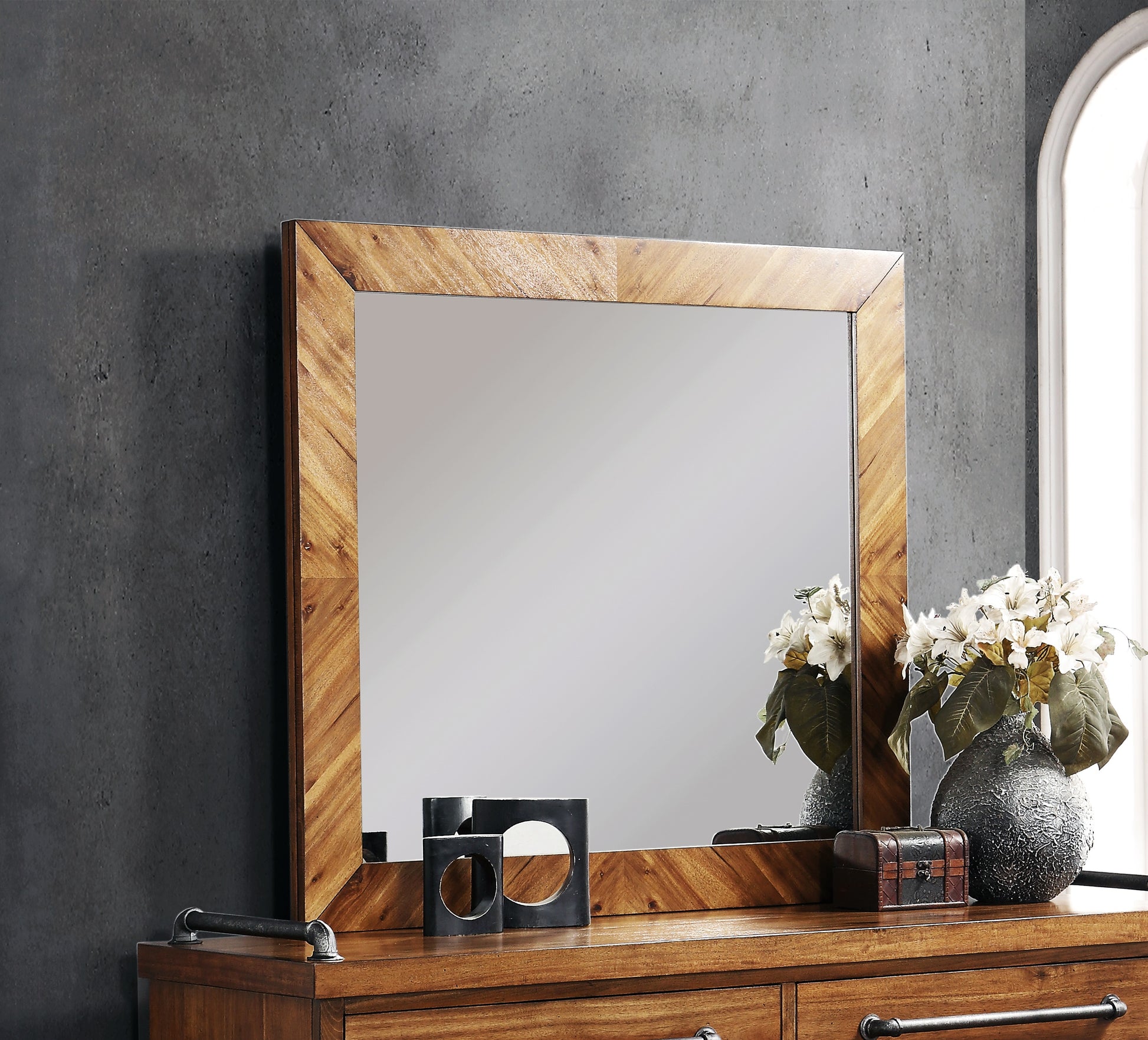 Steampunk Mirror, No Assembly Required, Chestnut Finish Brown Modern Wood