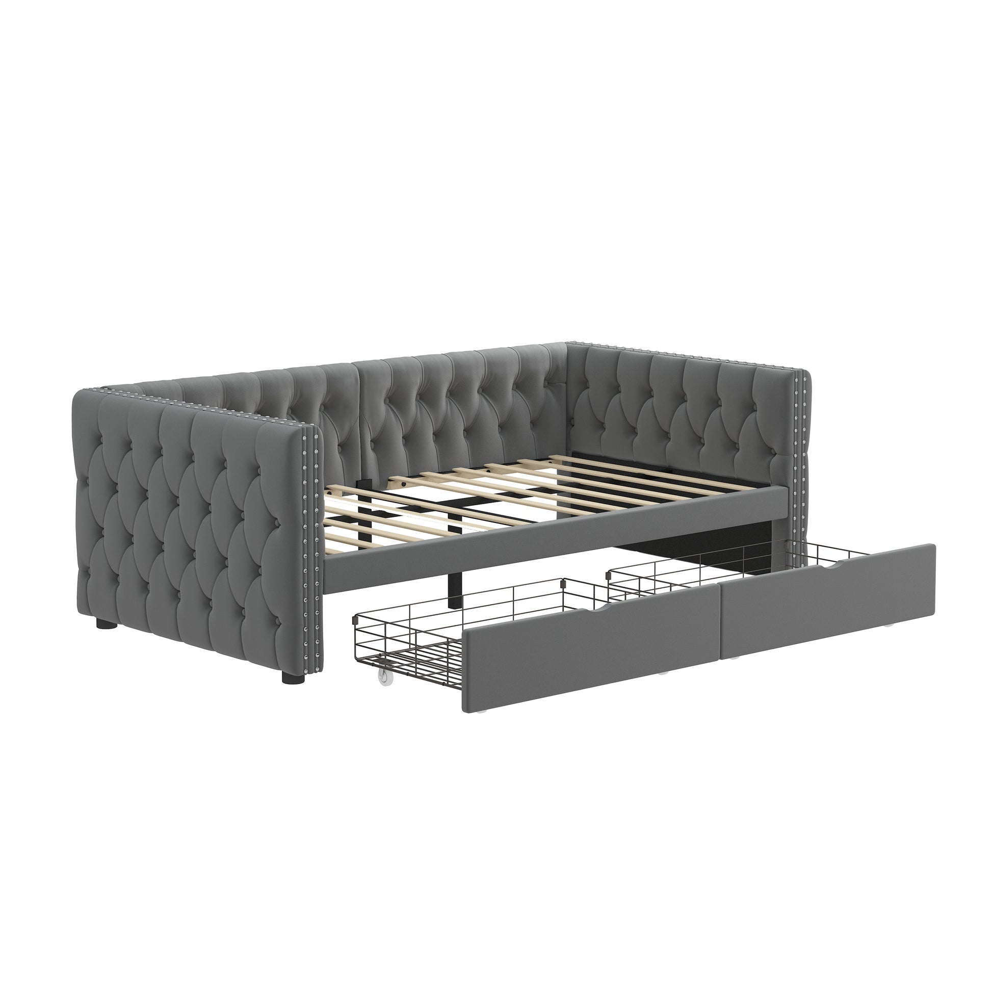 Twin Size Daybed With Drawers Upholstered Tufted Sofa Bed, With Button On Back And Copper Nail On Waved Shape Arms, Velvet 79.5"X41.5"X26.5" Twin Grey Velvet