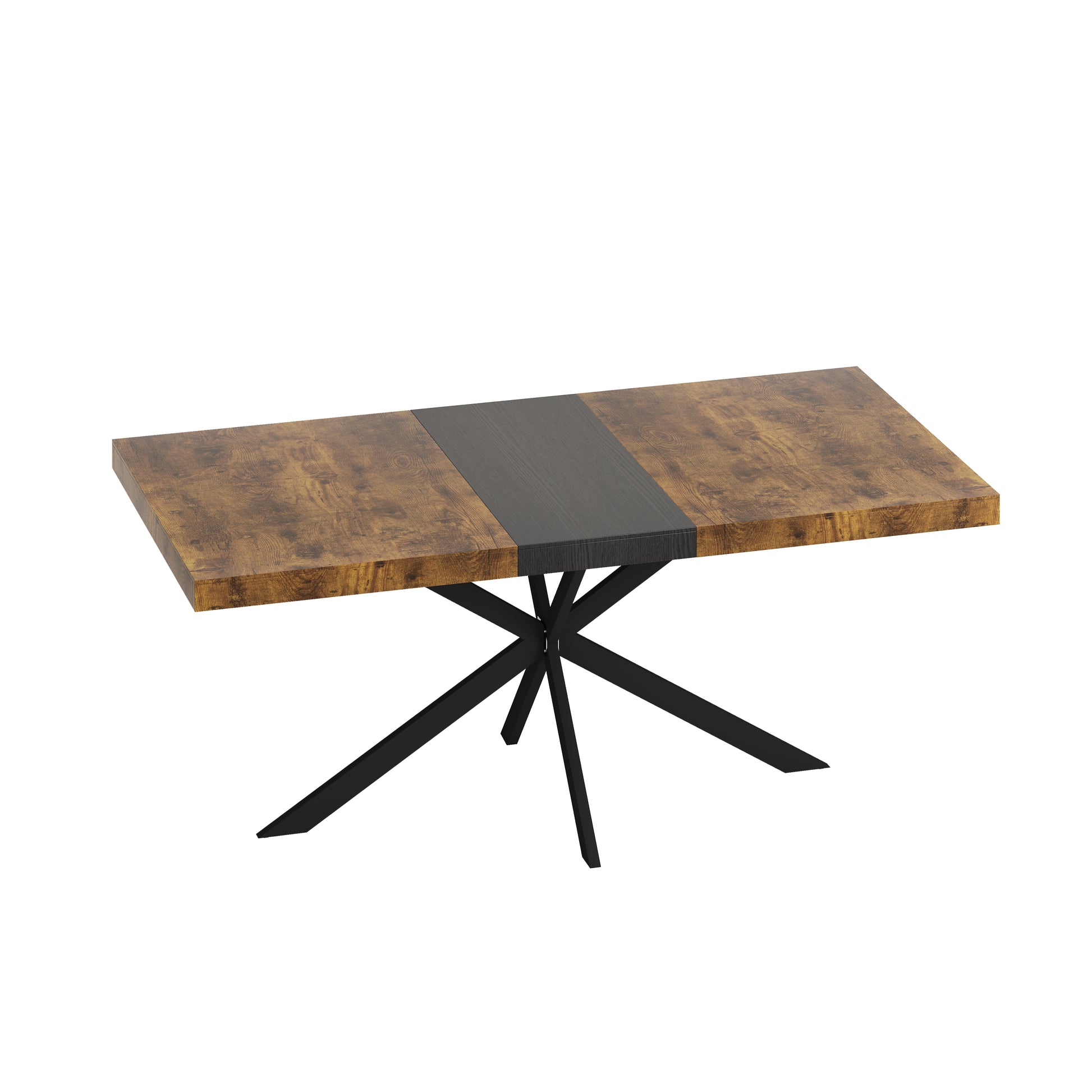 55.11" 70.86"Retro Rectangular Stretch Dining Table, Antique Wood Top And Black Relief Plate, Black Fine Sand Cross Iron Foot Base Dining Table, With Storage Box. Black Brown Seats 6 Rectangular Mdf Metal