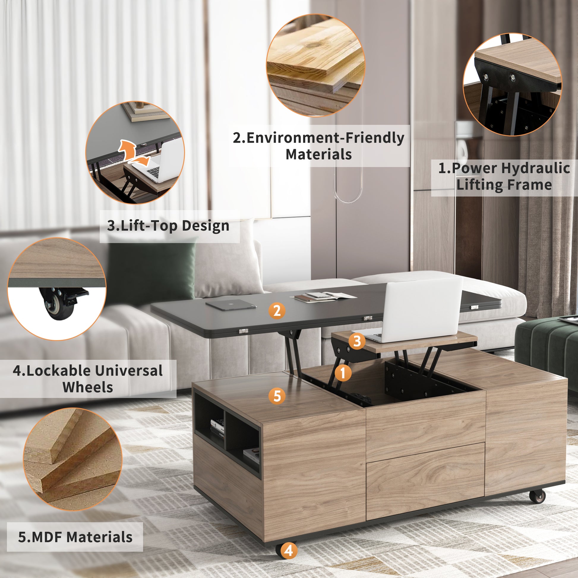 Modern Lift Top Coffee Table Multi Functional Table With 3 Drawers In Walnut & Black Walnut Black Mdf