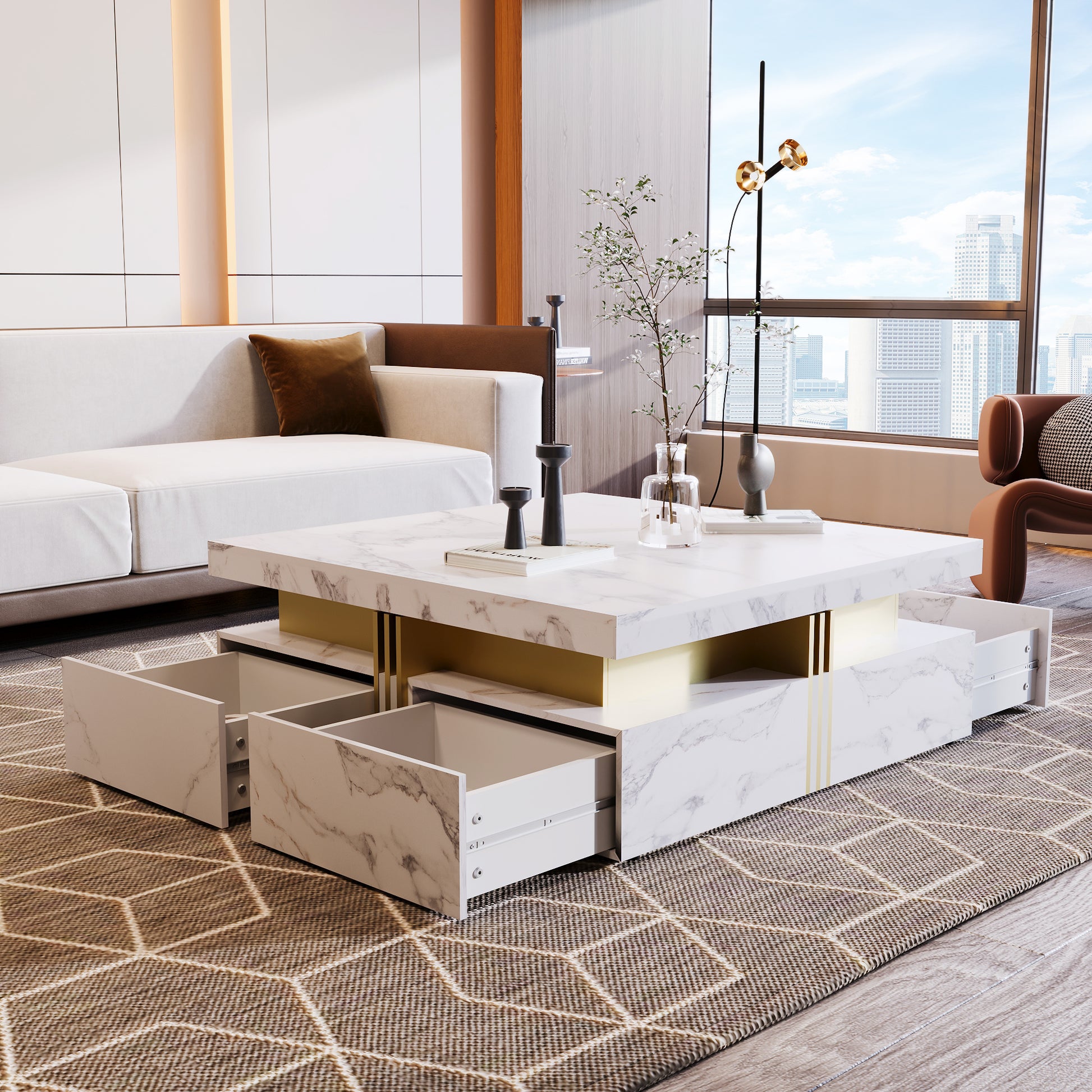 Modern White Square Storage Coffee Table With 4 Drawers White Mdf