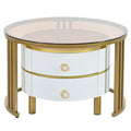 27.5'' & 19.6'' Stackable Coffee Table With 2 Drawers, Nesting Tables With Brown Tempered Glass And High Gloss Marble Tabletop, Set Of 2, Round Center Table For Living Room, White Golden White Primary Living Space Drawers Round Mdf Iron