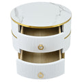 27.5'' & 19.6'' Stackable Coffee Table With 2 Drawers, Nesting Tables With Brown Tempered Glass And High Gloss Marble Tabletop, Set Of 2, Round Center Table For Living Room, White Golden White Primary Living Space Drawers Round Mdf Iron
