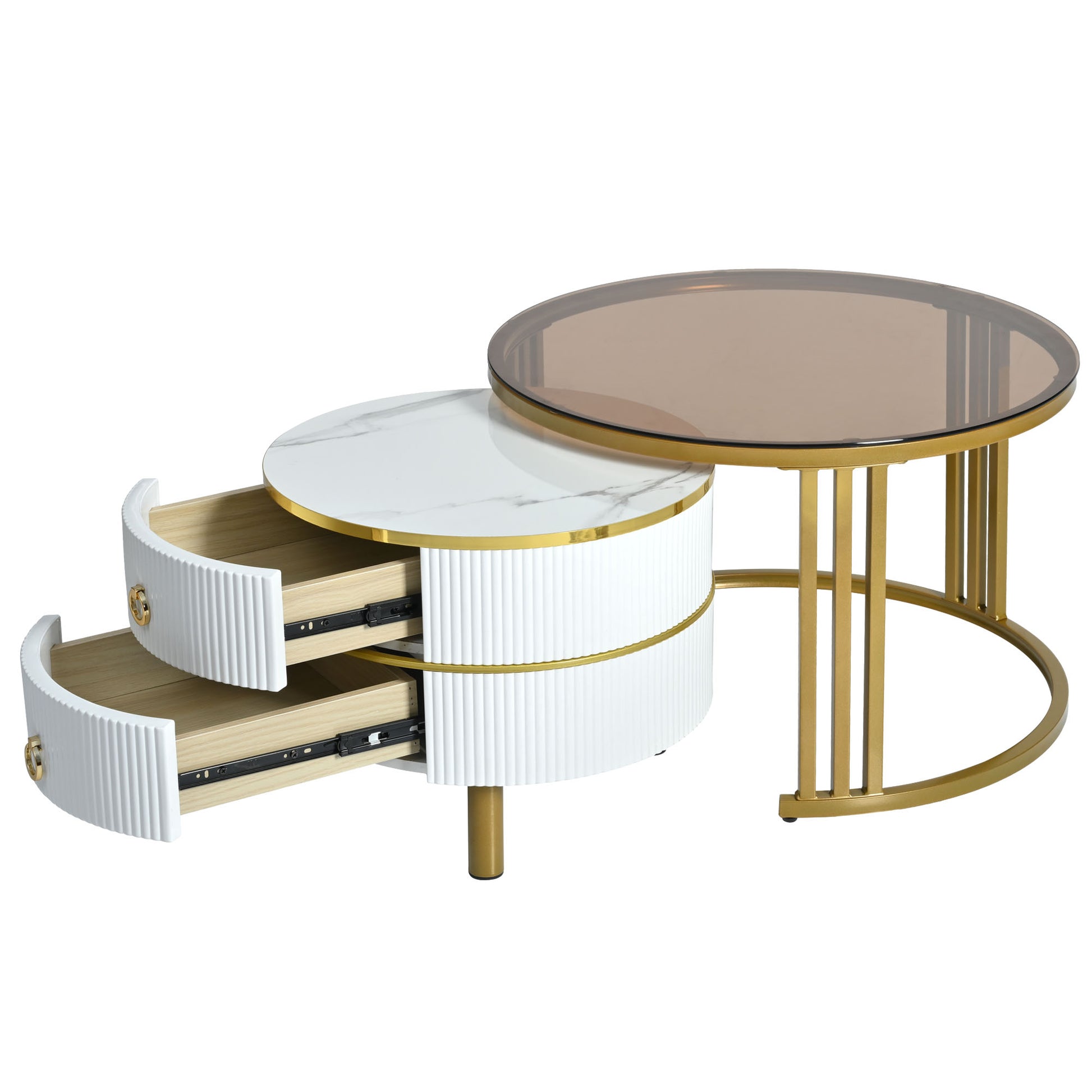 27.5'' & 19.6'' Stackable Coffee Table With 2 Drawers, Nesting Tables With Brown Tempered Glass And High Gloss Marble Tabletop, Set Of 2, Round Center Table For Living Room, White Golden White Primary Living Space Drawers Round Mdf Iron