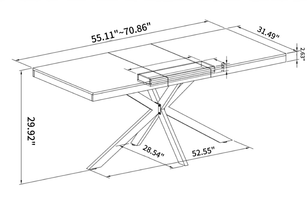 55.11'' 70.86"Retro Rectangular Stretch Dining Table, Grey Carole Top With Black Embossed Center Plate, Black Fine Sand Cross Iron Foot Base Dining Table, With Storage Box. Grey Seats 6 Rectangular Mdf Metal