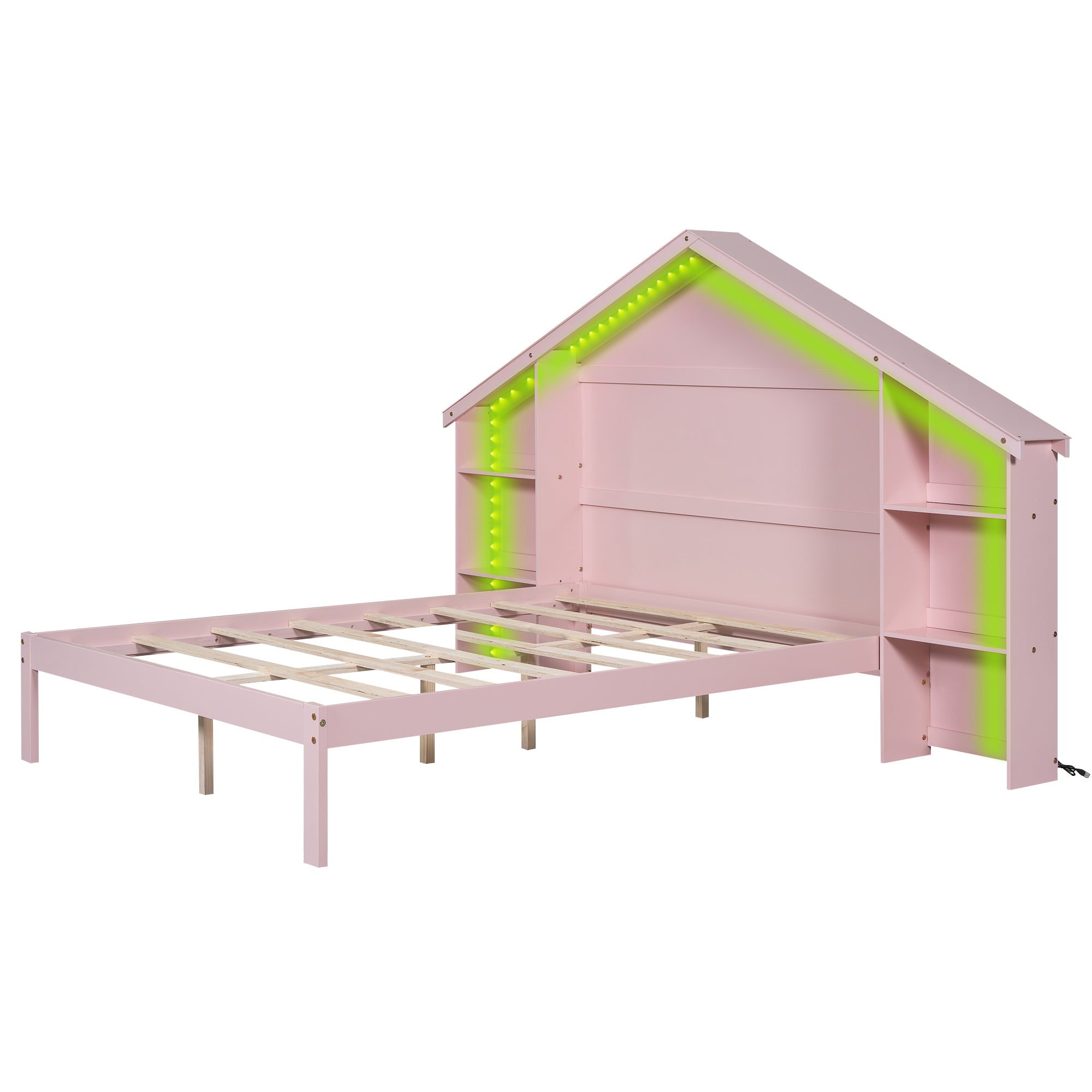 Wood Full Size Platform Bed with House shaped Storage box spring not required-full-pink-bedroom-bed