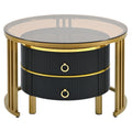 27.5'' & 19.6'' Stackable Coffee Table With 2 Drawers, Nesting Tables With Brown Tempered Glass And High Gloss Marble Tabletop, Set Of 2, Round Center Table For Living Room, Black Golden Black Primary Living Space Drawers Round Mdf Iron