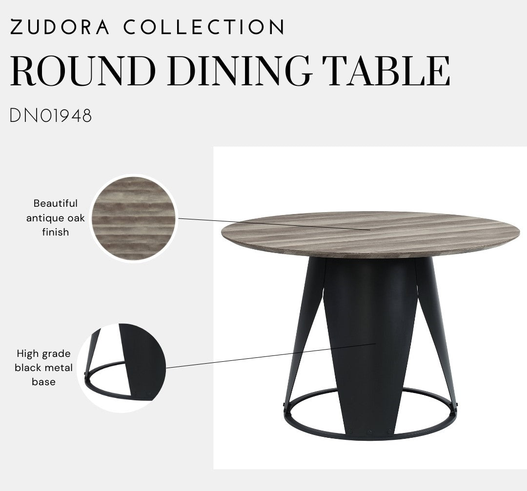 Zudora Round Dining Table, Antique Oak & Black Finish Dn01948 Oak Wood Metal