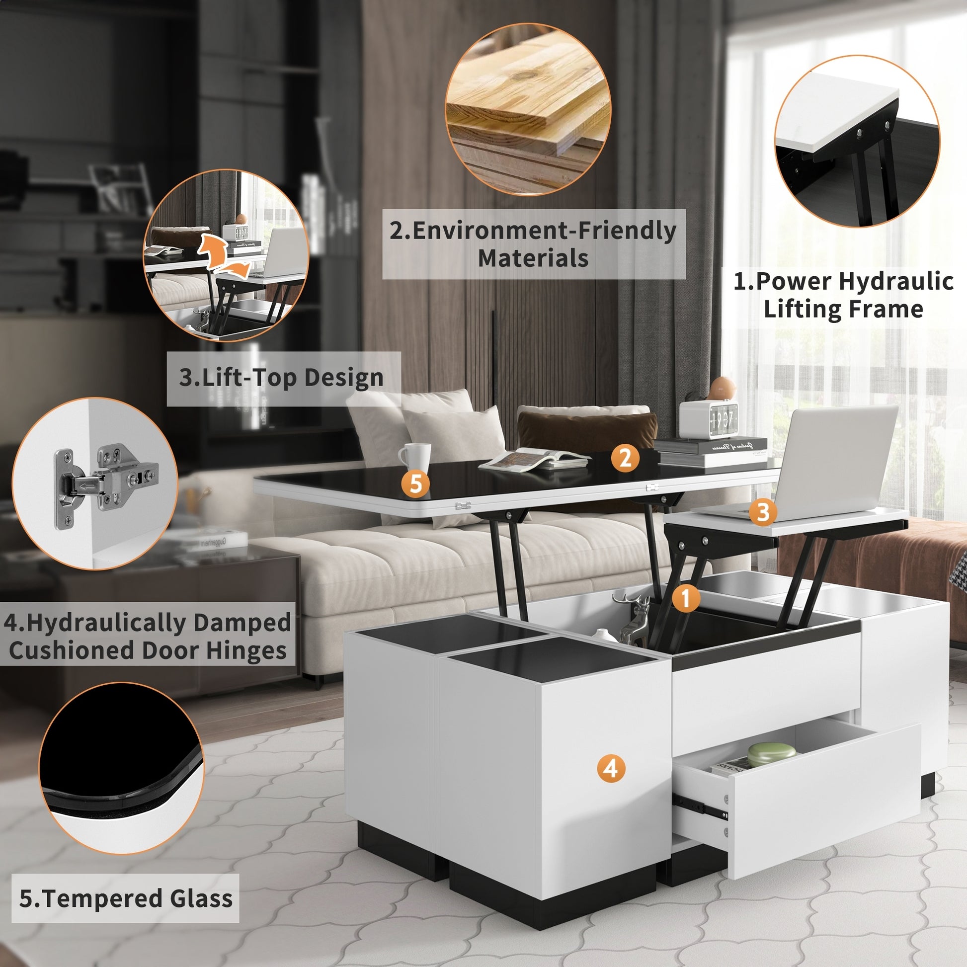 Modern White Lift Top Glass Coffee Table With Drawers & Storage Multifunction Table Black White Mdf Glass