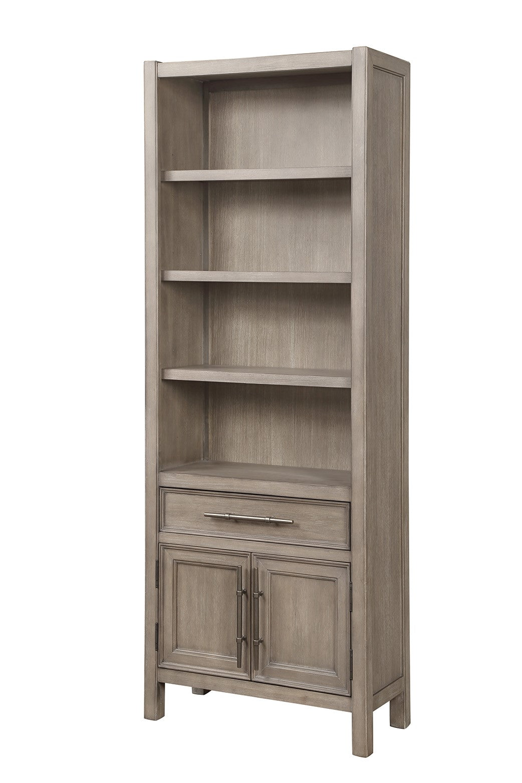 Cypress Lane Bookcase Pier Cabinet, No Assembly Required, White Oak Finish 3 4 Shelves Greige Gray Primary Living Space Drawers Included Modern,Transitional Oak Wood