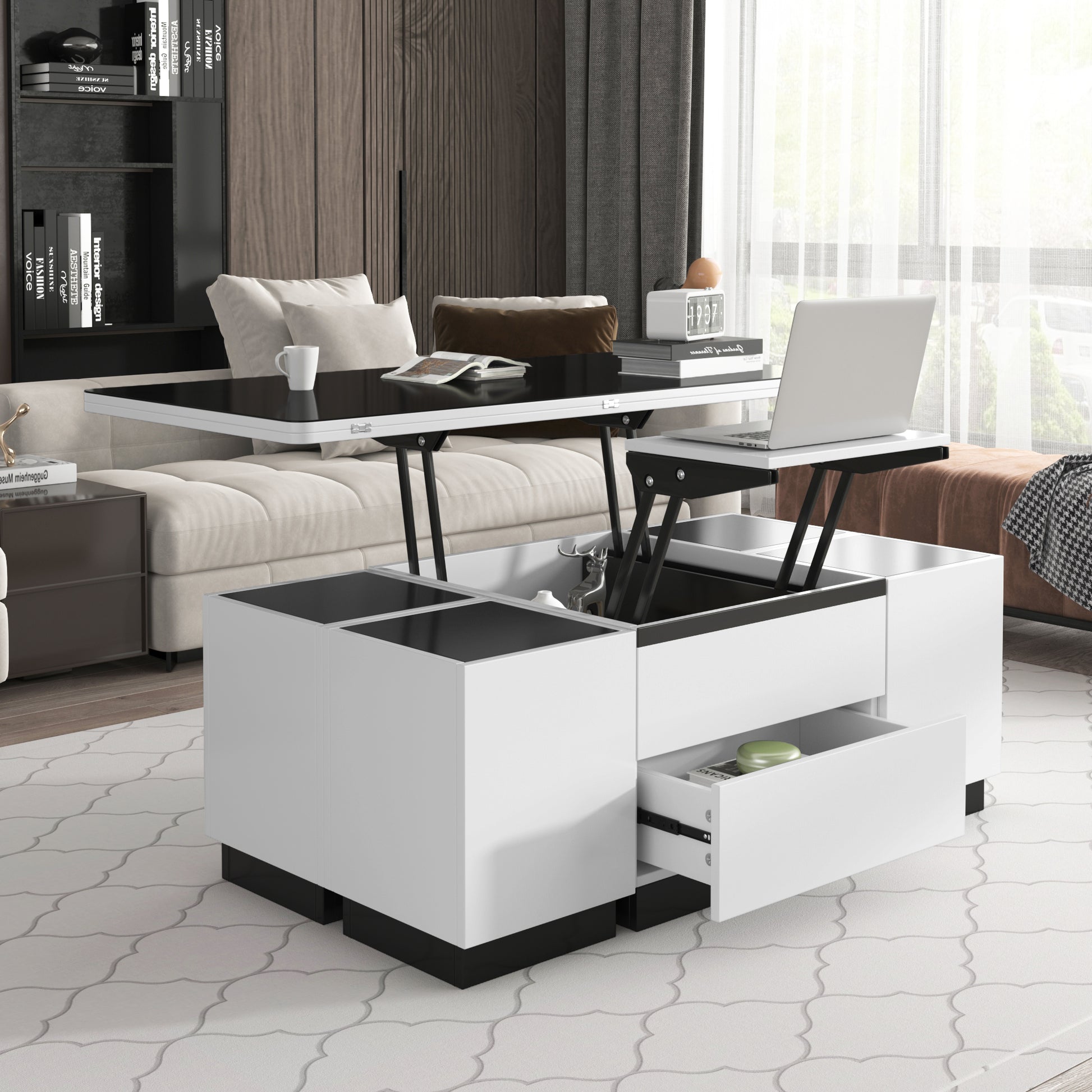 Modern White Lift Top Glass Coffee Table With Drawers & Storage Multifunction Table Black White Mdf Glass