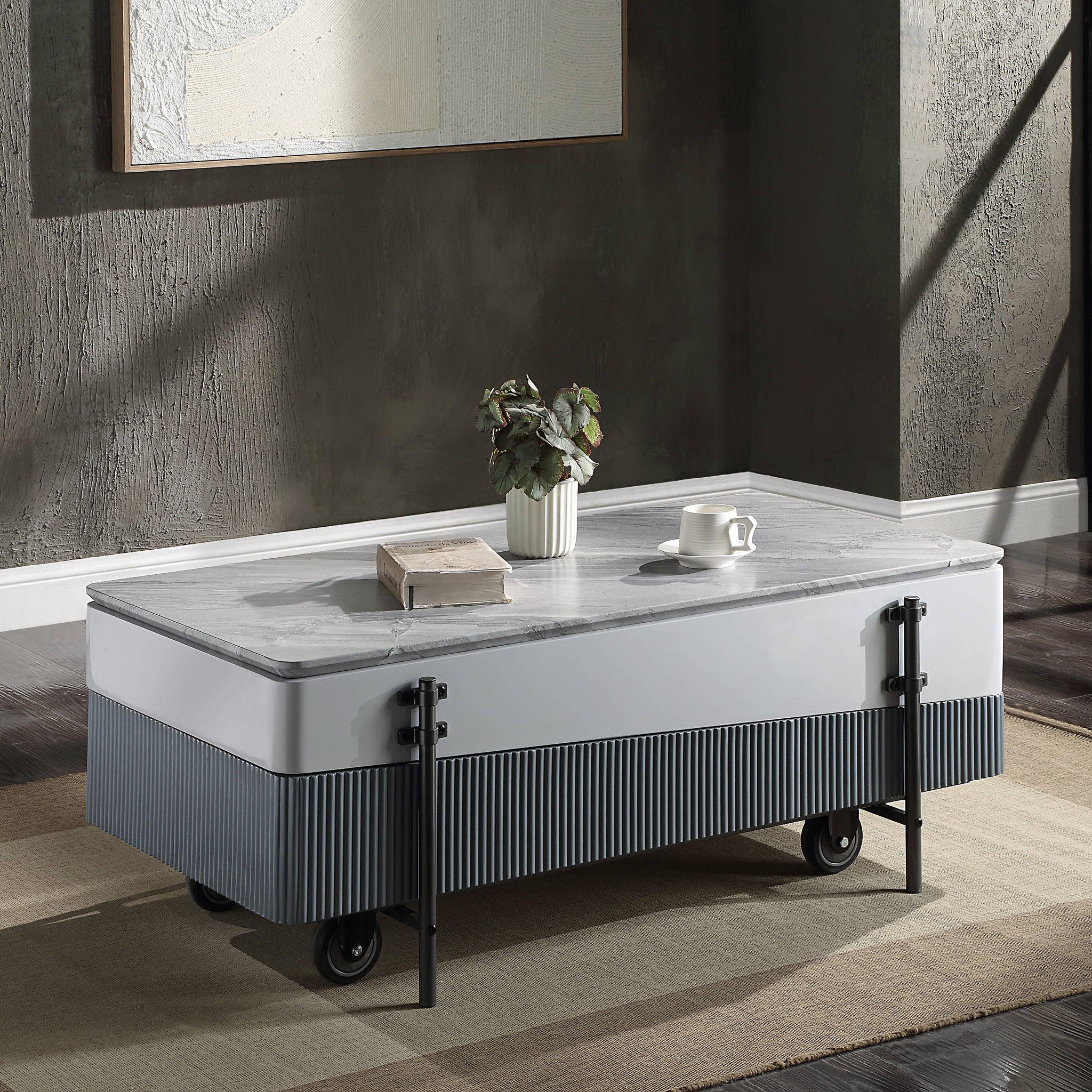 Wilkins Coffee Table W Lift Top, White & Gray High Gloss Finish White Gray Wood Metal