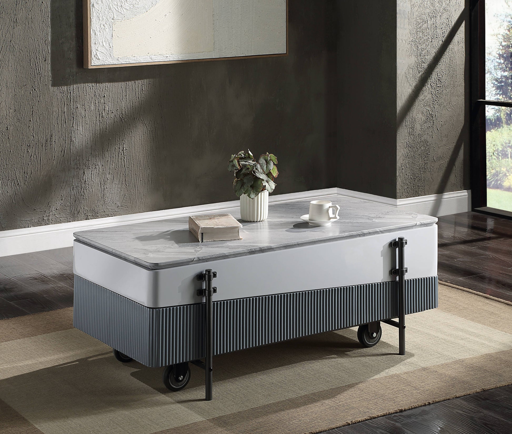 Wilkins Coffee Table W Lift Top, White & Gray High Gloss Finish White Gray Wood Metal