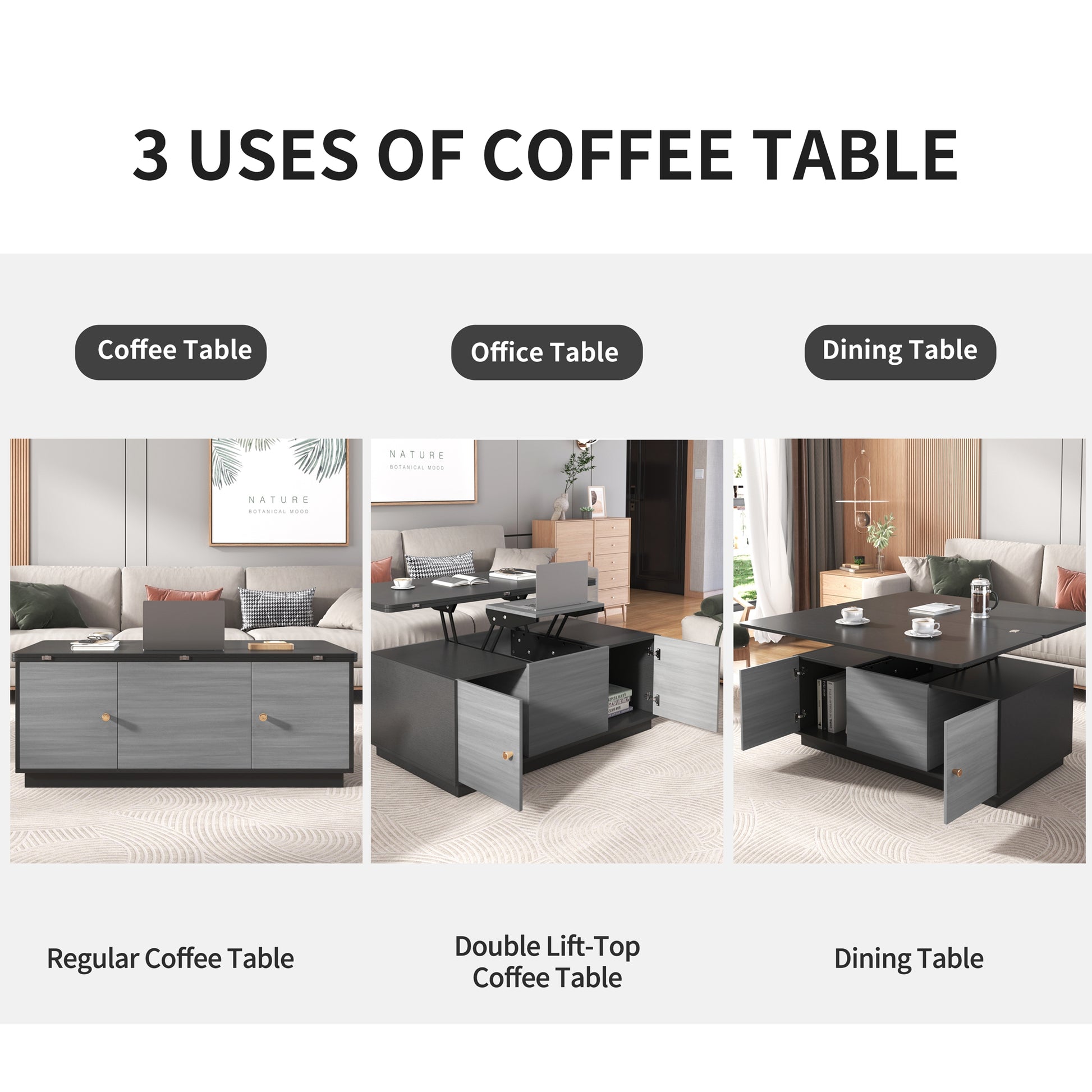 Modern Gray Multi Functional Rectangle Lift Top Coffee Table Extendable With Storage Dark Gray Mdf