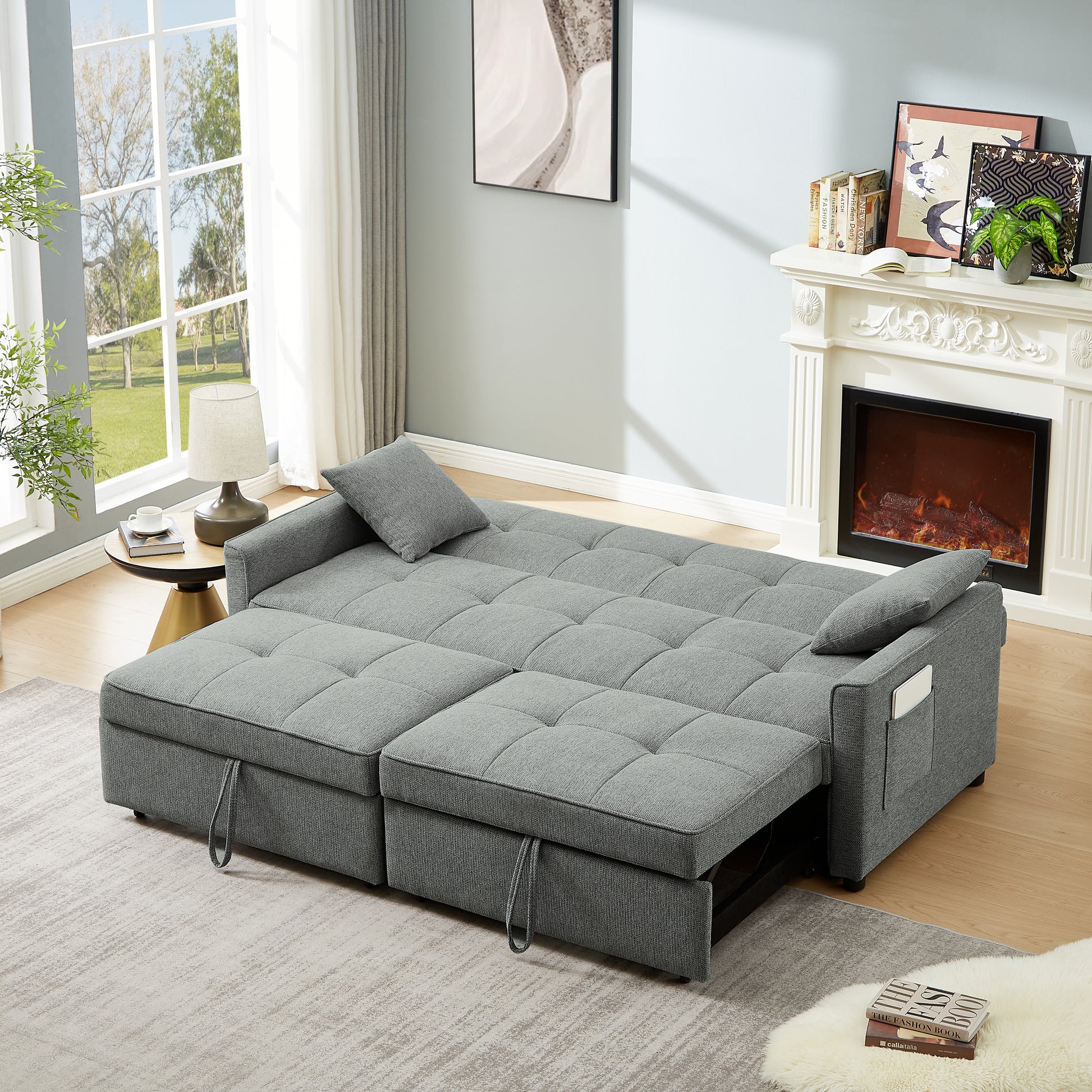 83.47 Inch Large Size Dark Grey Fabric 3 In 1 Convertible Sleeper Sofa Bed,For Living Room, Bedroom, Apartment, Office Dark Grey Fabric 3 Seat