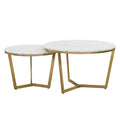 Modern Round Nesting Coffee Table Set 2 Piece White & Marbling Top Gold Base White Mdf