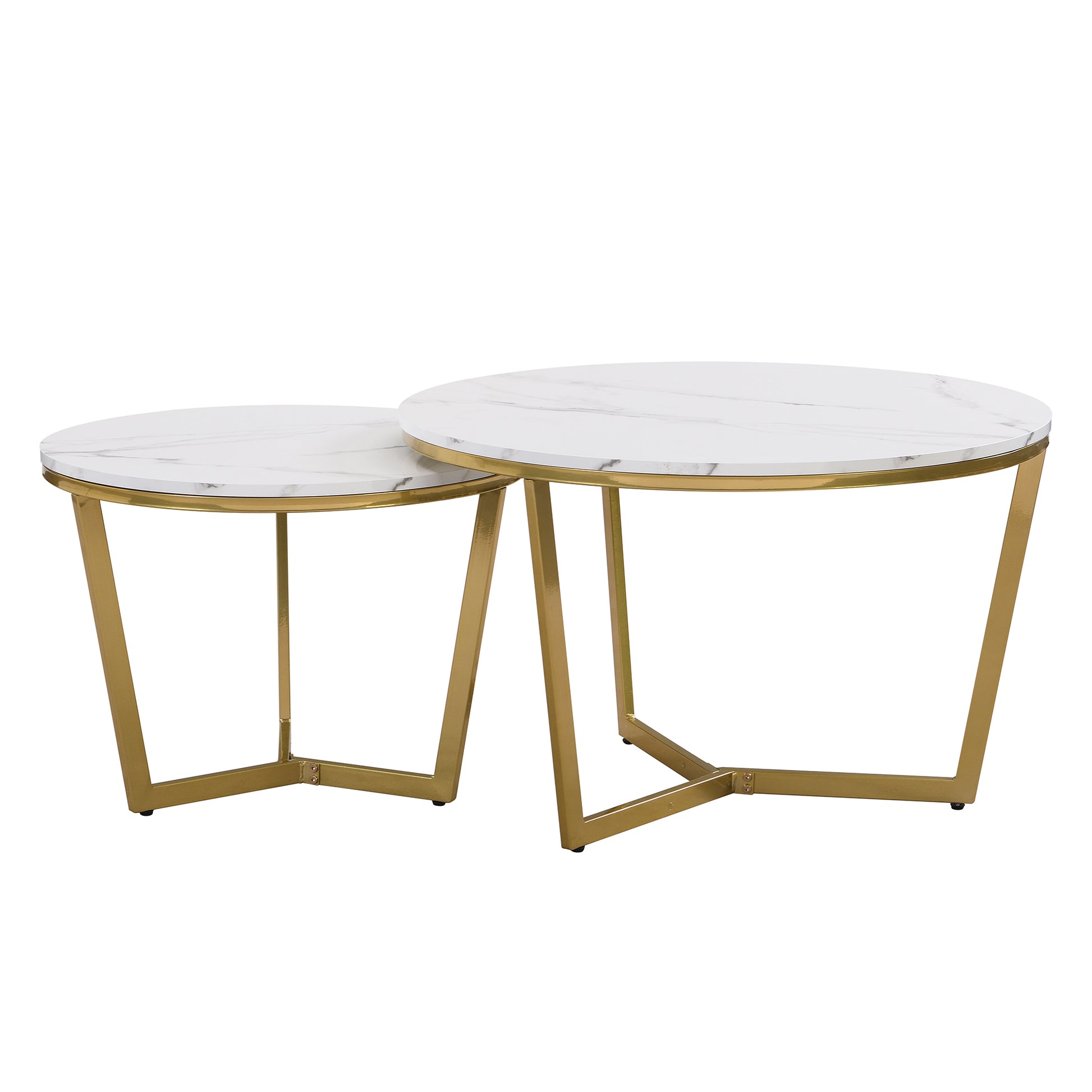 Modern Round Nesting Coffee Table Set 2 Piece White & Marbling Top Gold Base White Mdf