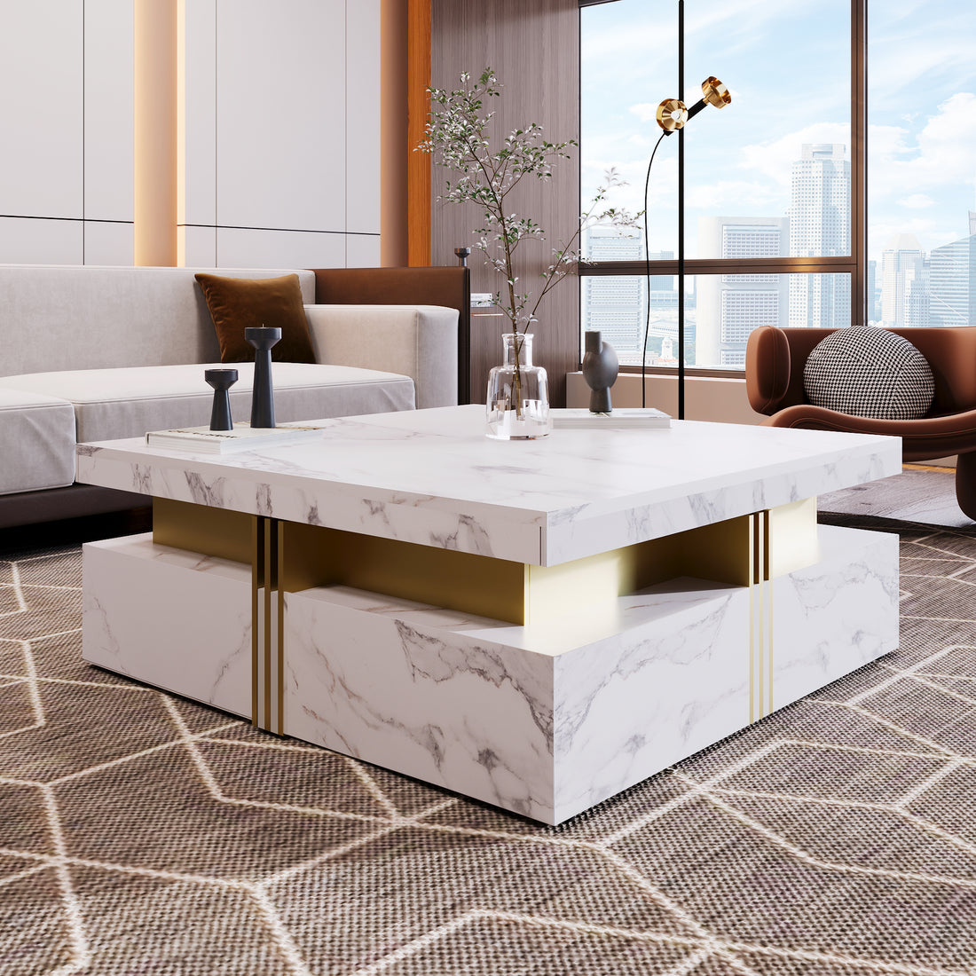 Modern White Square Storage Coffee Table With 4 Drawers White Mdf