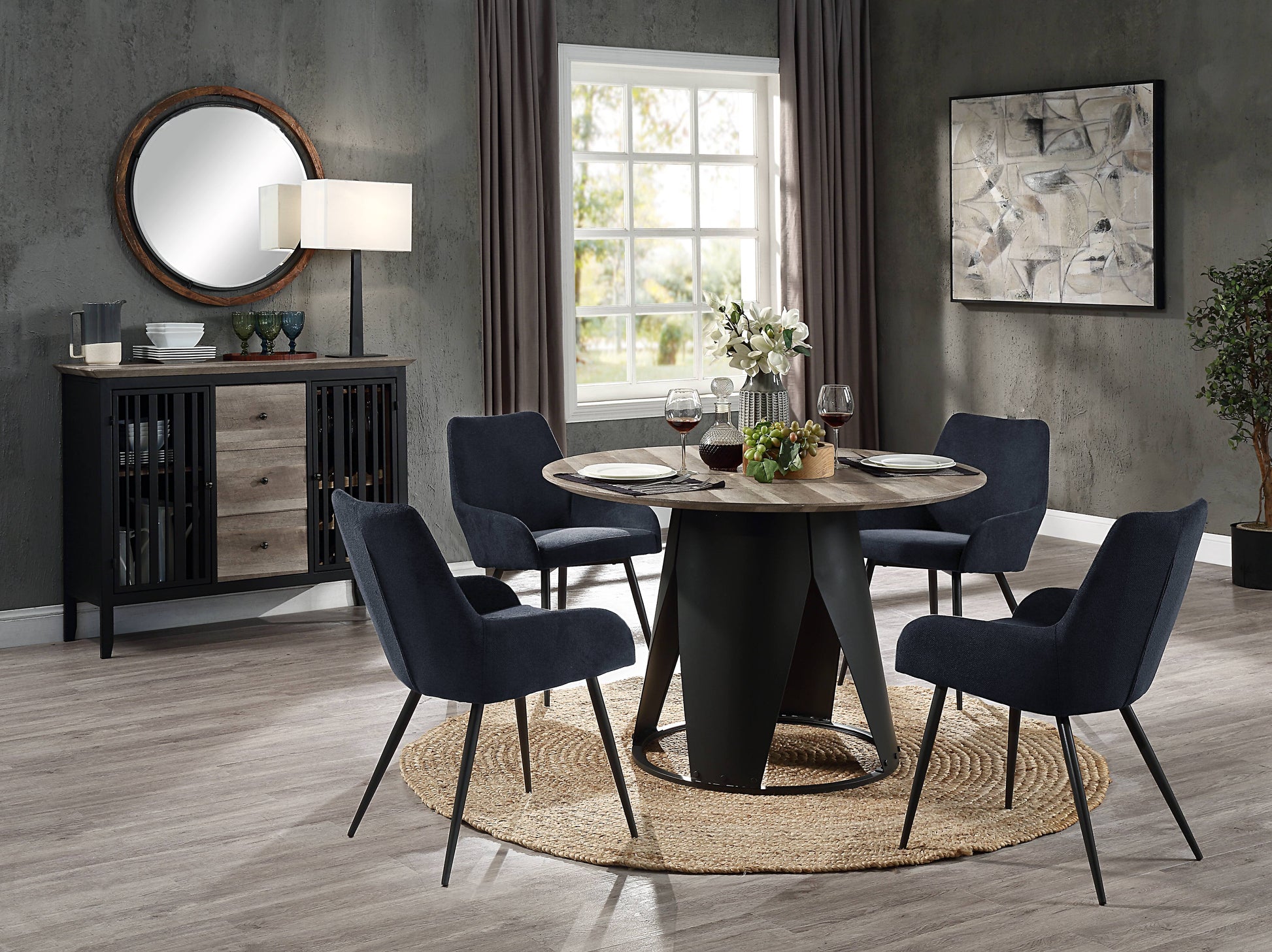 Zudora Round Dining Table, Antique Oak & Black Finish Dn01948 Oak Wood Metal