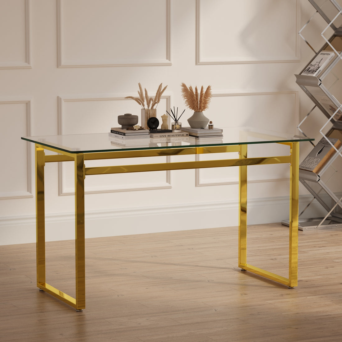 Modern Minimalist Rectangular Glass Dining Table For 4 6 With 0.31" Tempered Glass Tabletop And Golden Chrome Metal Legs, Writing Table Desk, For Kitchen Dining Living Room, 51" W X 27"D X 30" H Transparent Glass