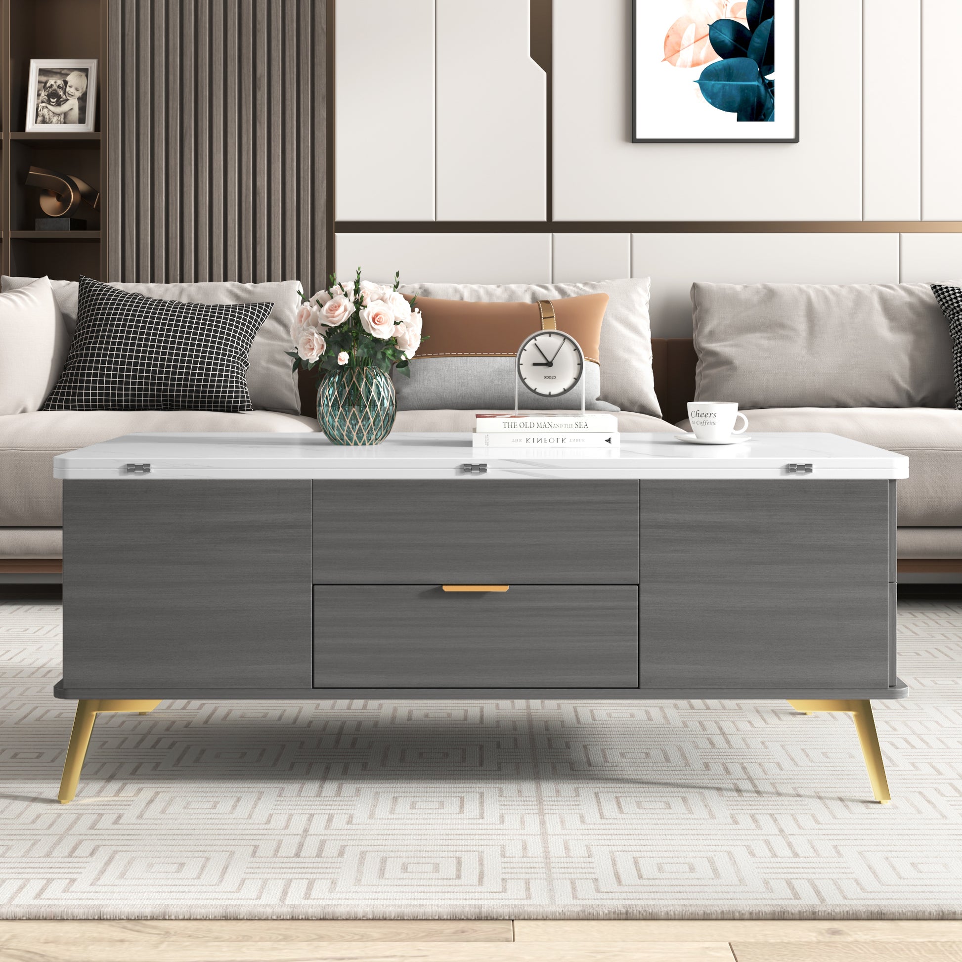 Modern Lift Top Coffee Table Multi Functional Table With Drawers In Gray & White White Gray Mdf Steel