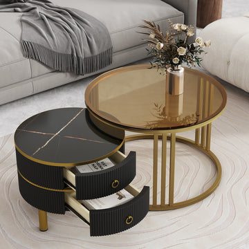 27.5'' & 19.6'' Stackable Coffee Table With 2 Drawers, Nesting Tables With Brown Tempered Glass And High Gloss Marble Tabletop, Set Of 2, Round Center Table For Living Room, Black Golden Black Primary Living Space Drawers Round Mdf Iron