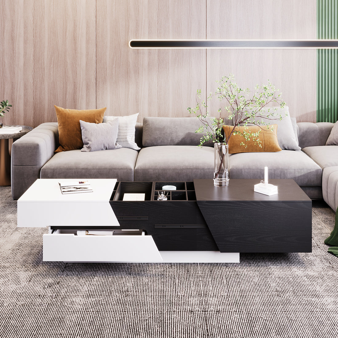 Modern Extendable Sliding Top Coffee Table With Storage In White&Black White Black Mdf